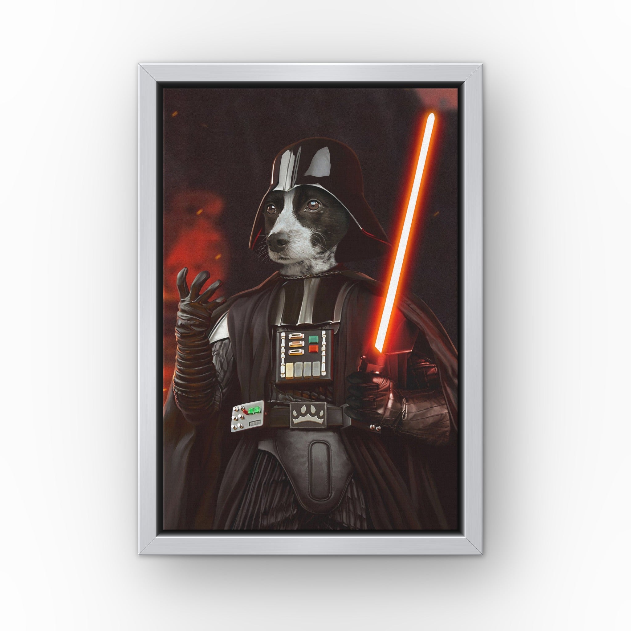 The Sci Fi Lord custom pet canvas in a silver floating frame