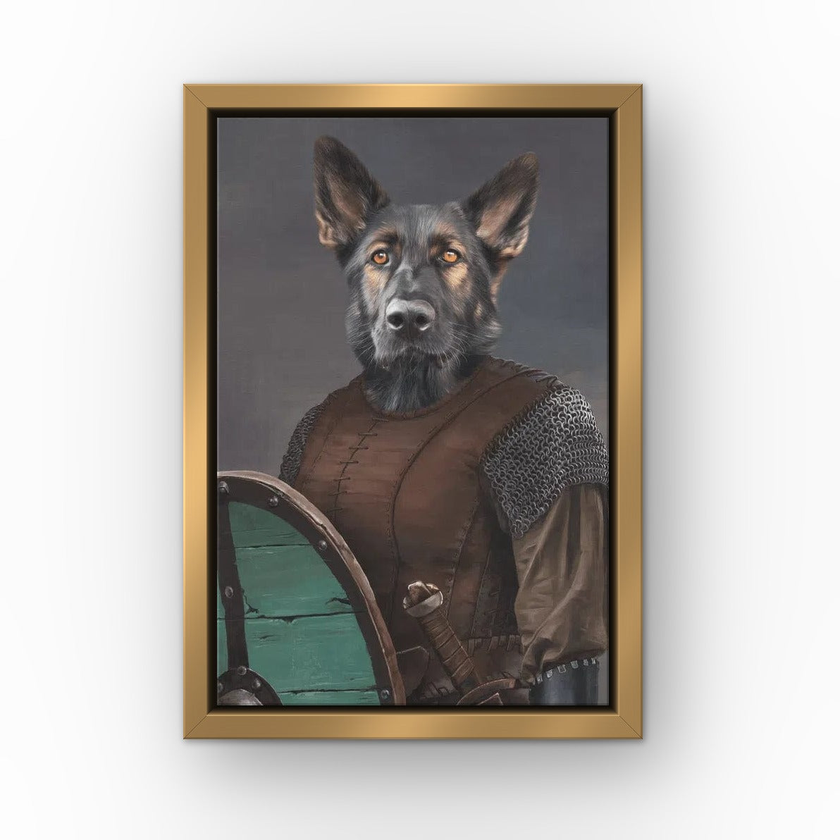 The Shieldmaiden custom pet canvas in a gold floating frame