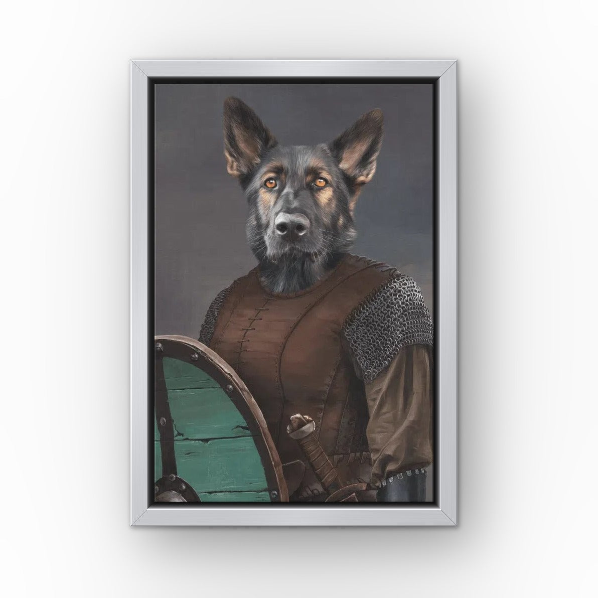 The Shieldmaiden custom pet canvas in a silver floating frame