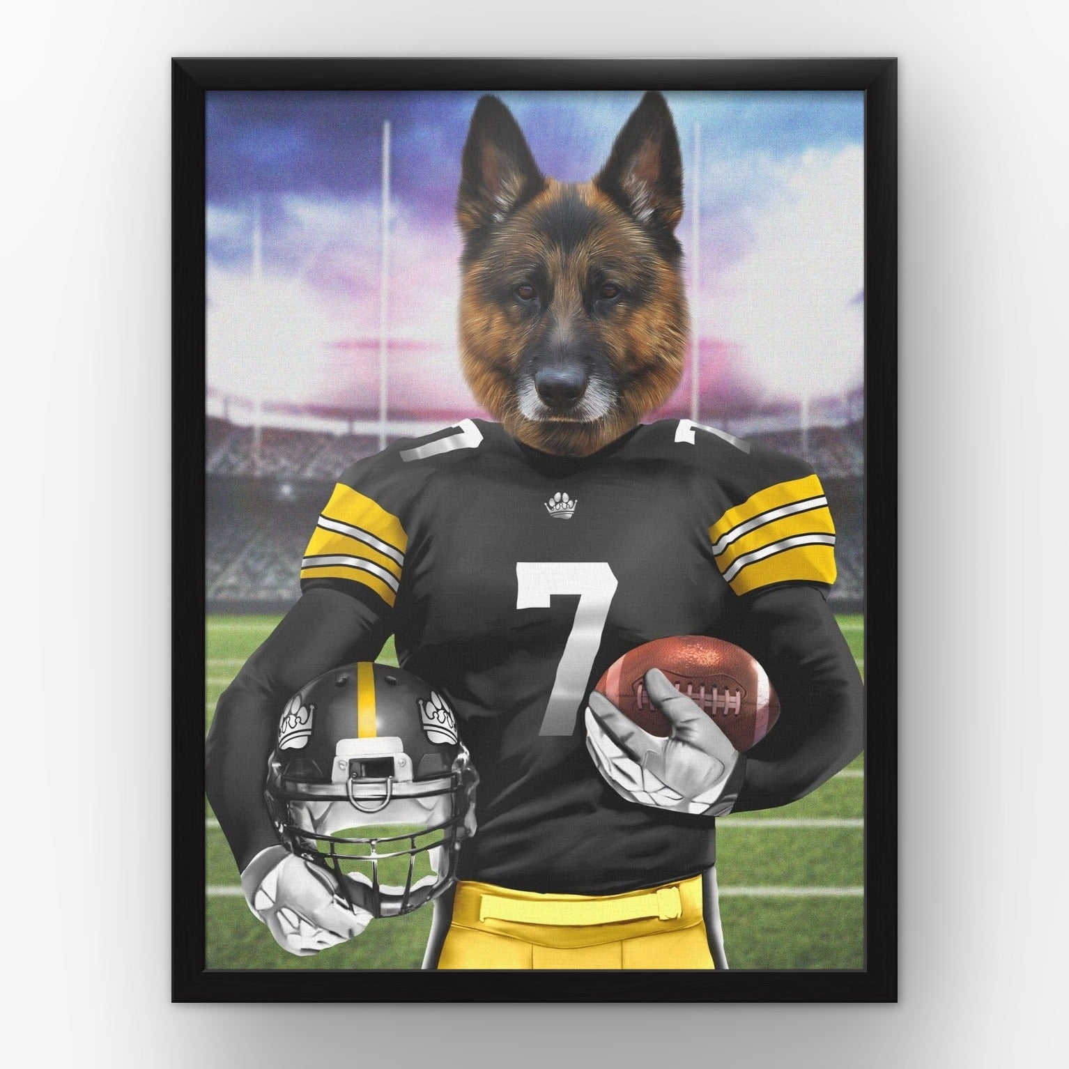 The Snack Steelers custom pet poster in a black frame
