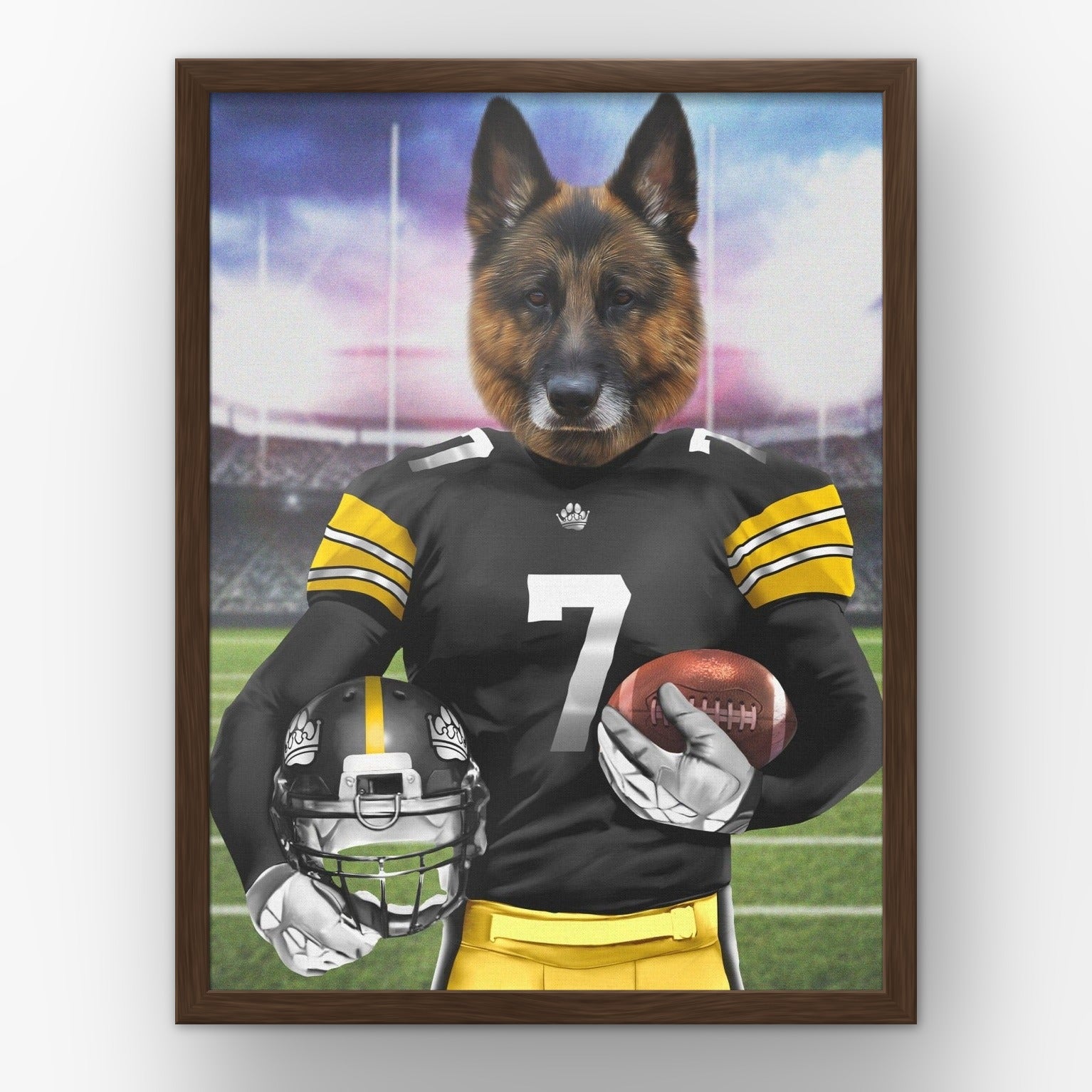 The Snack Steelers custom pet poster in a walnut frame
