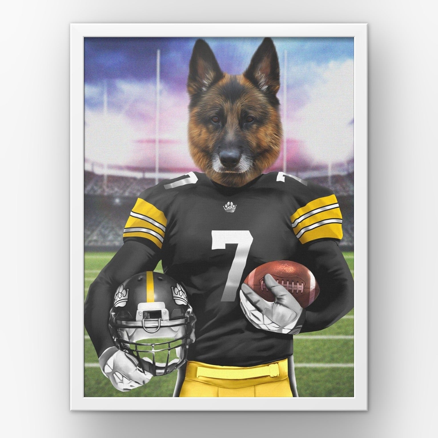The Snack Steelers custom pet poster in a white frame