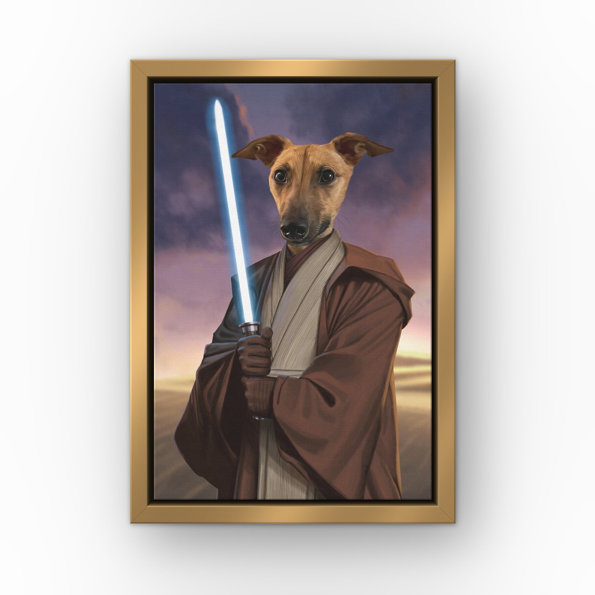 The Space General custom pet canvas in a gold floating frame