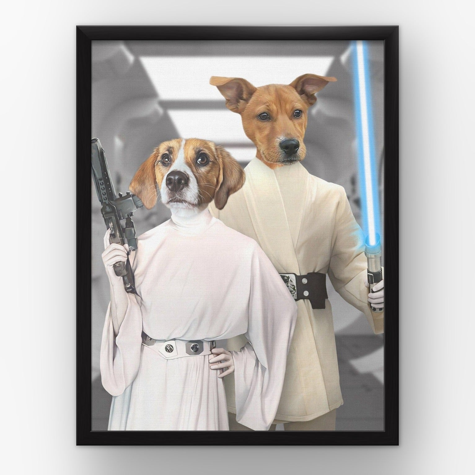 The Space Siblings custom pet poster in a black frame