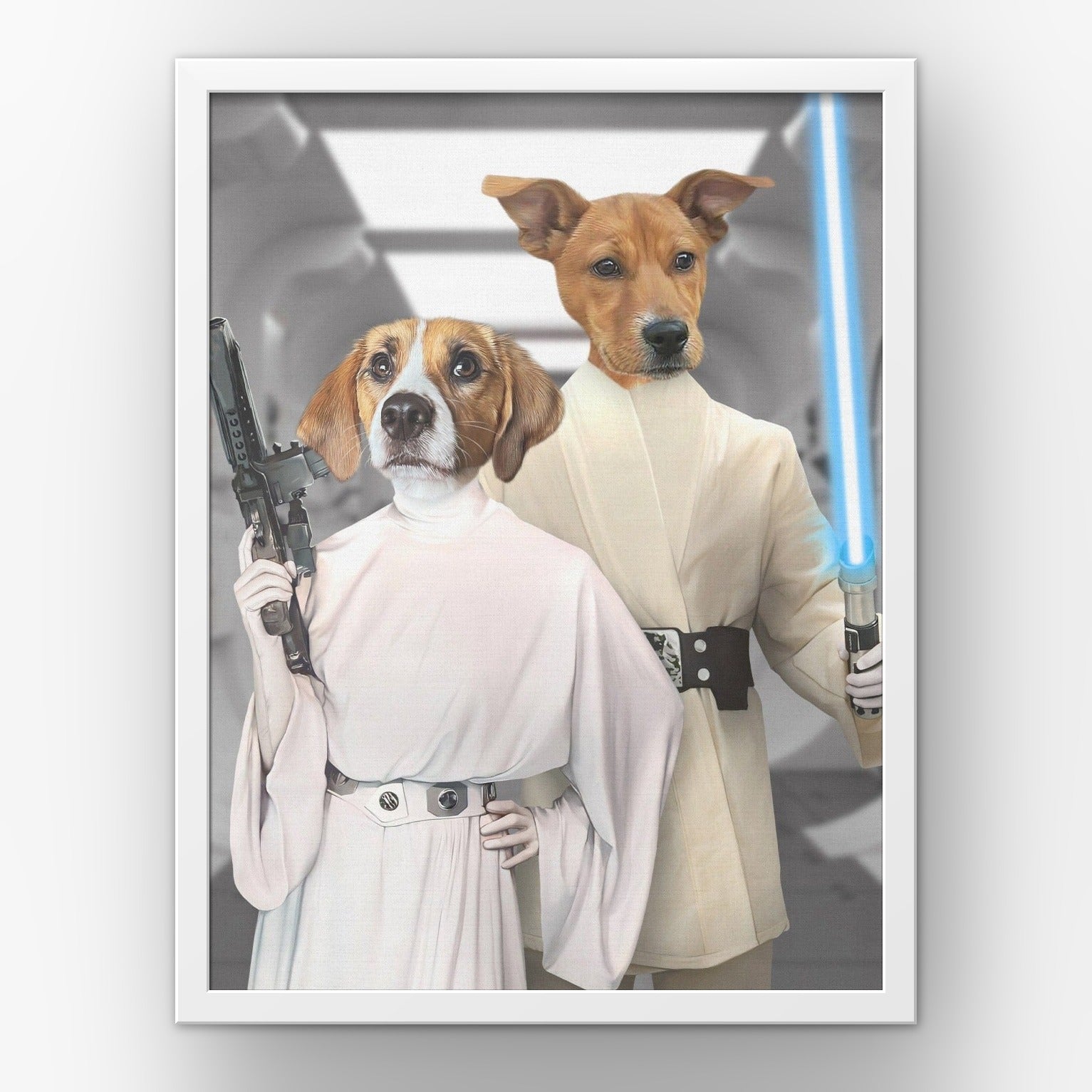 The Space Siblings custom pet poster in a white frame
