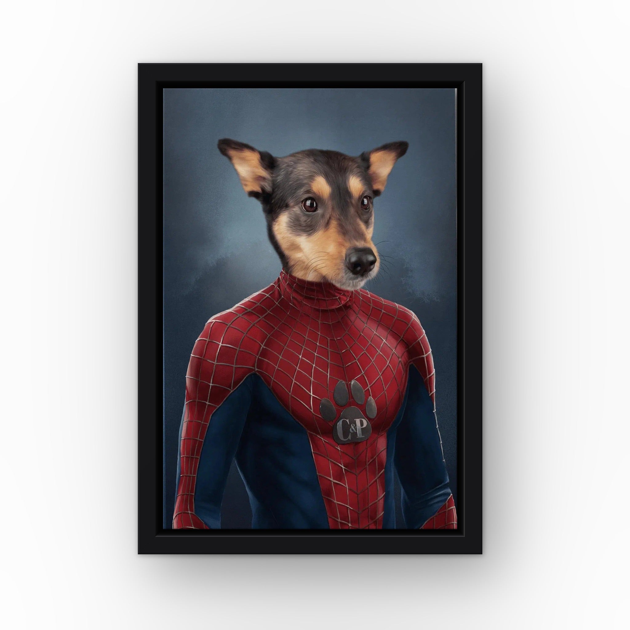 The Spiderpet custom pet canvas in a black floating frame