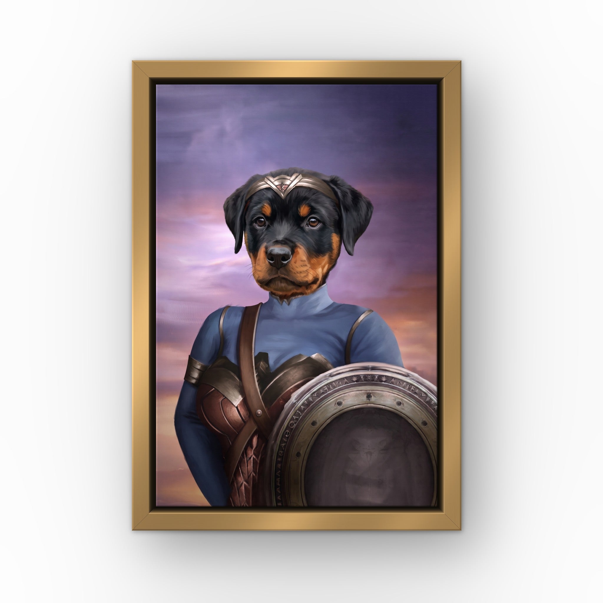 The Super Princess custom pet canvas in a gold floating frame