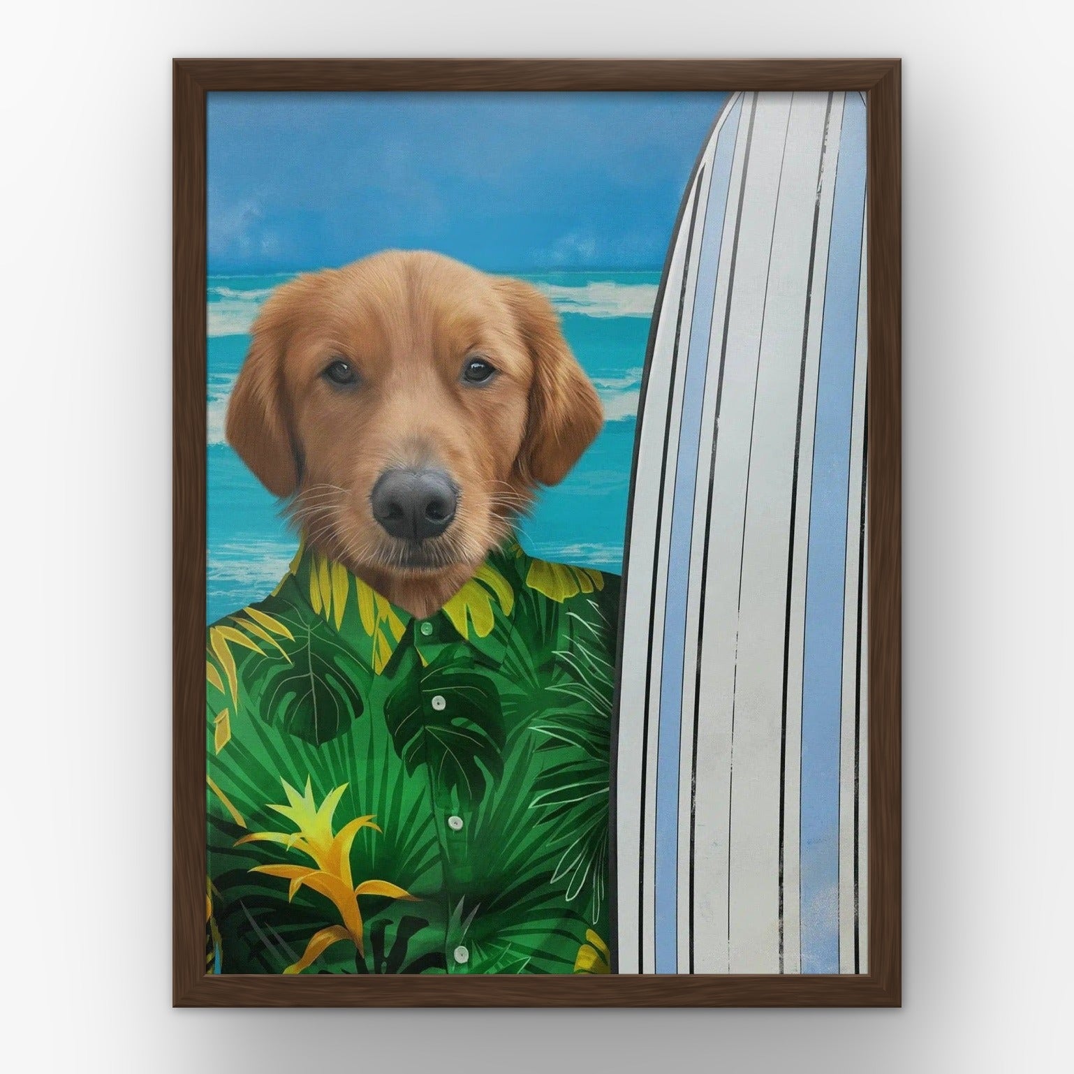 The Surfer (green) custom pet poster in a walnut frame