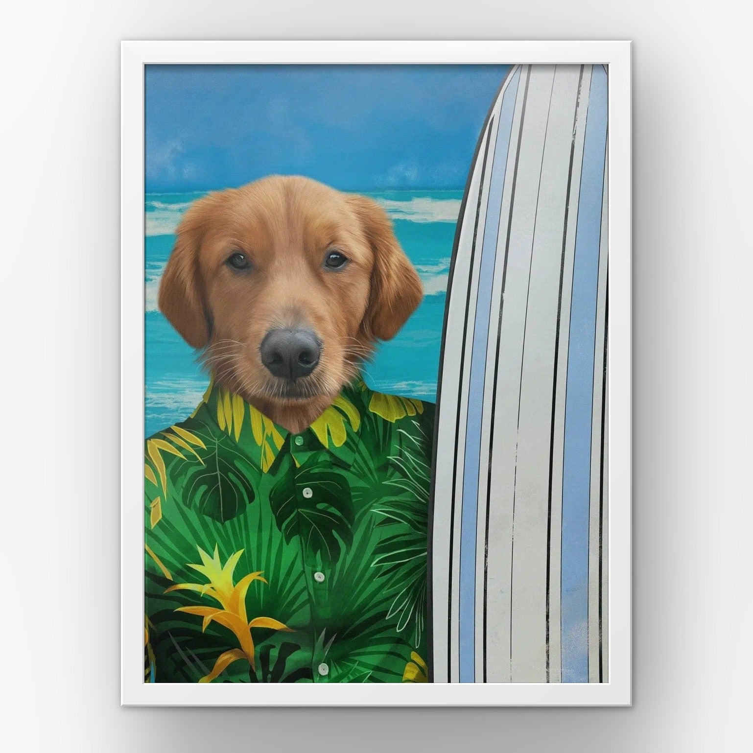 The Surfer (green) custom pet poster in a white frame