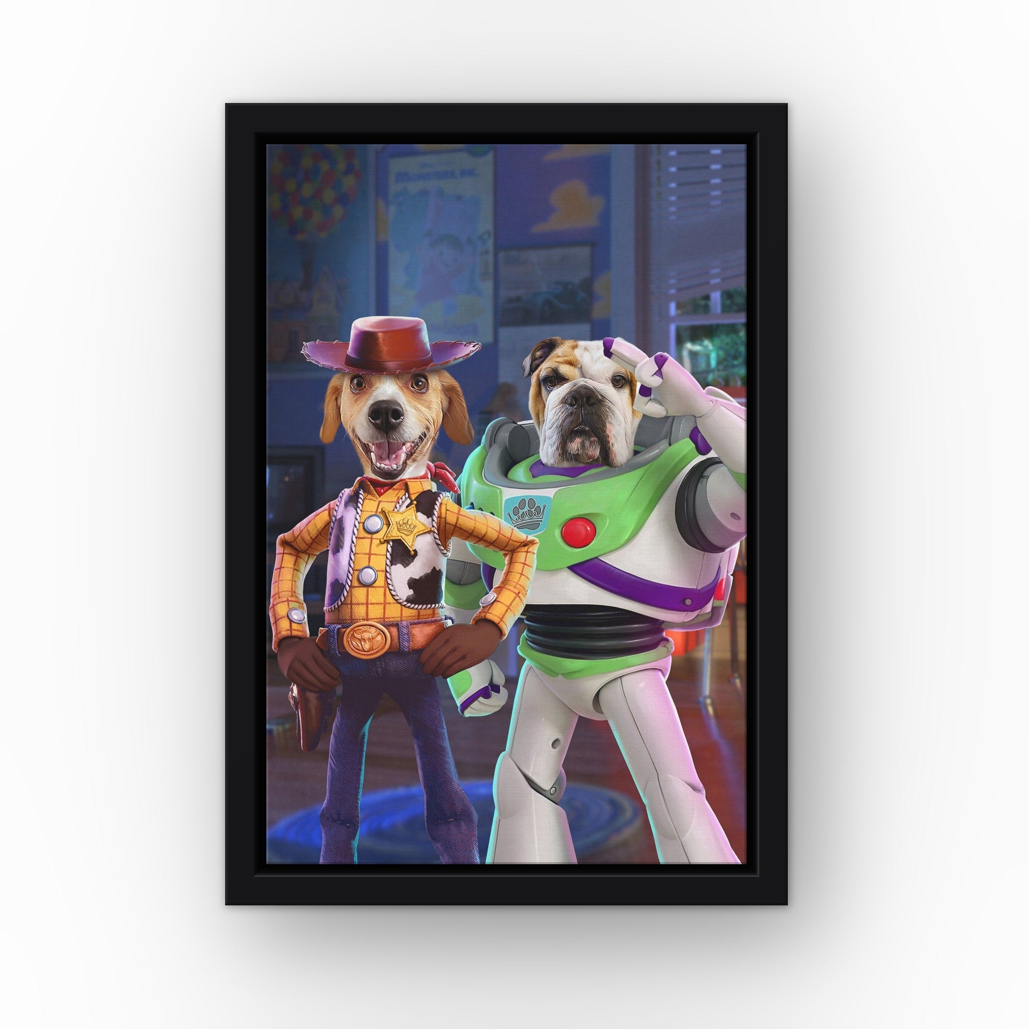 The Toy Best Friends custom pet canvas in a black floating frame
