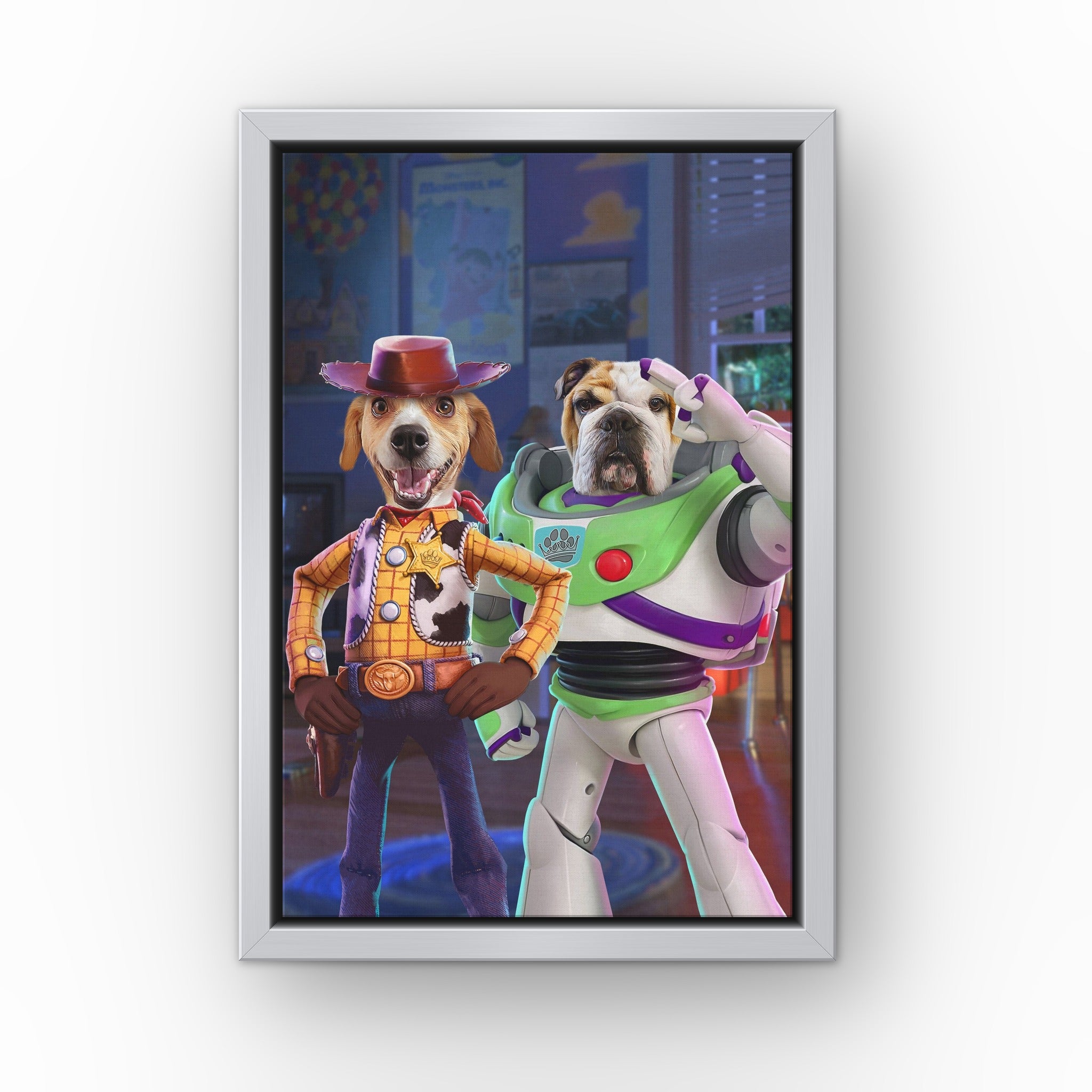 The Toy Best Friends custom pet canvas in a silver floating frame