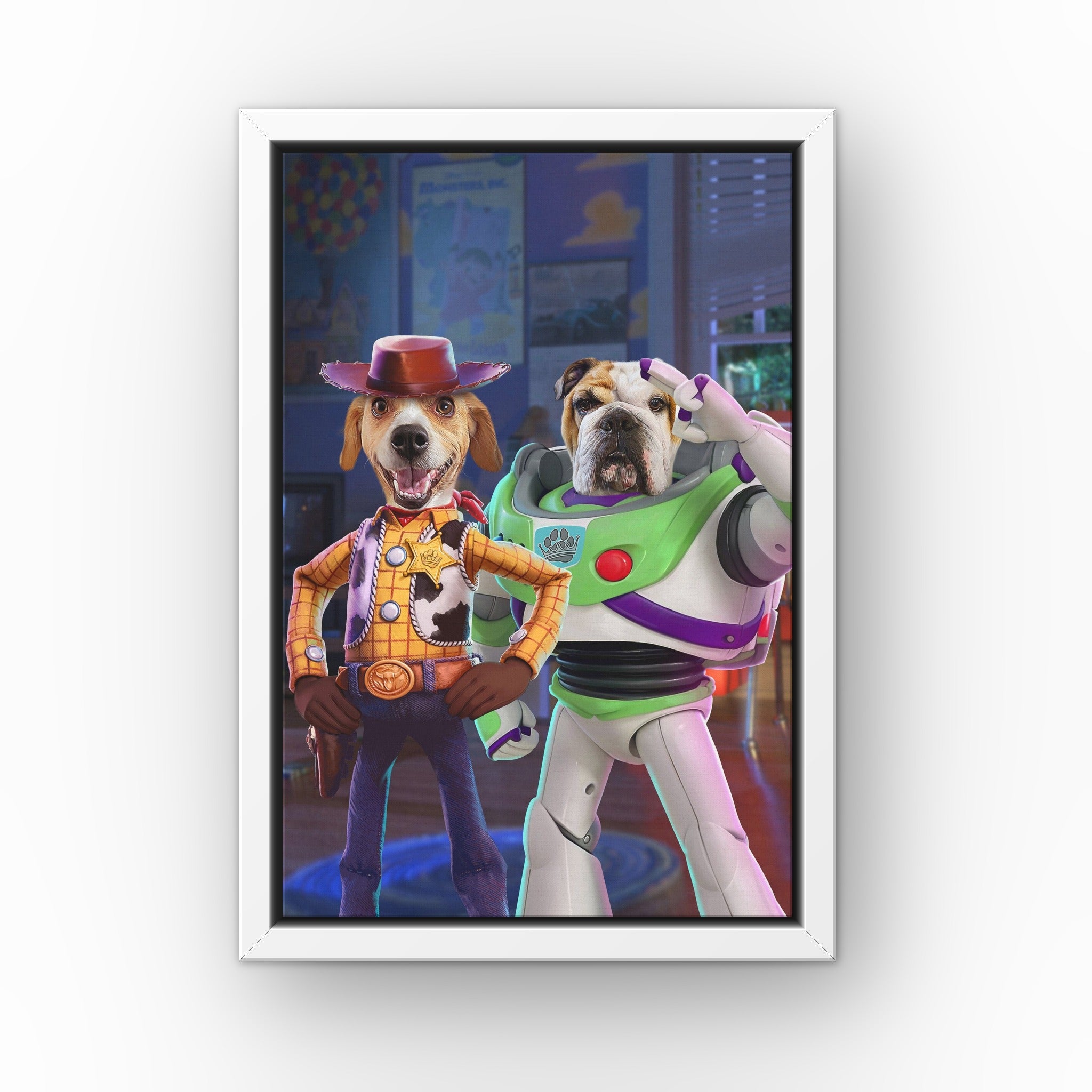 The Toy Best Friends custom pet canvas in a white floating frame