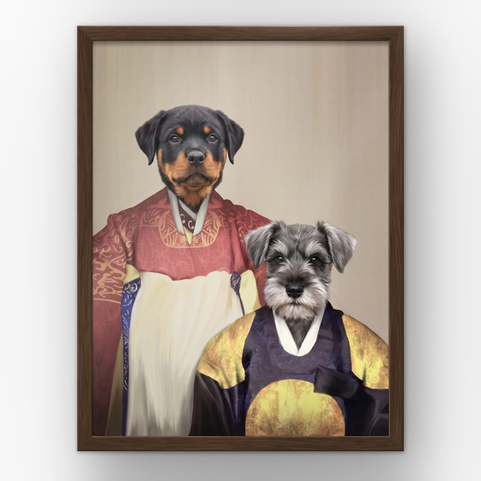 The Wise Pair custom pet poster in a walnut frame