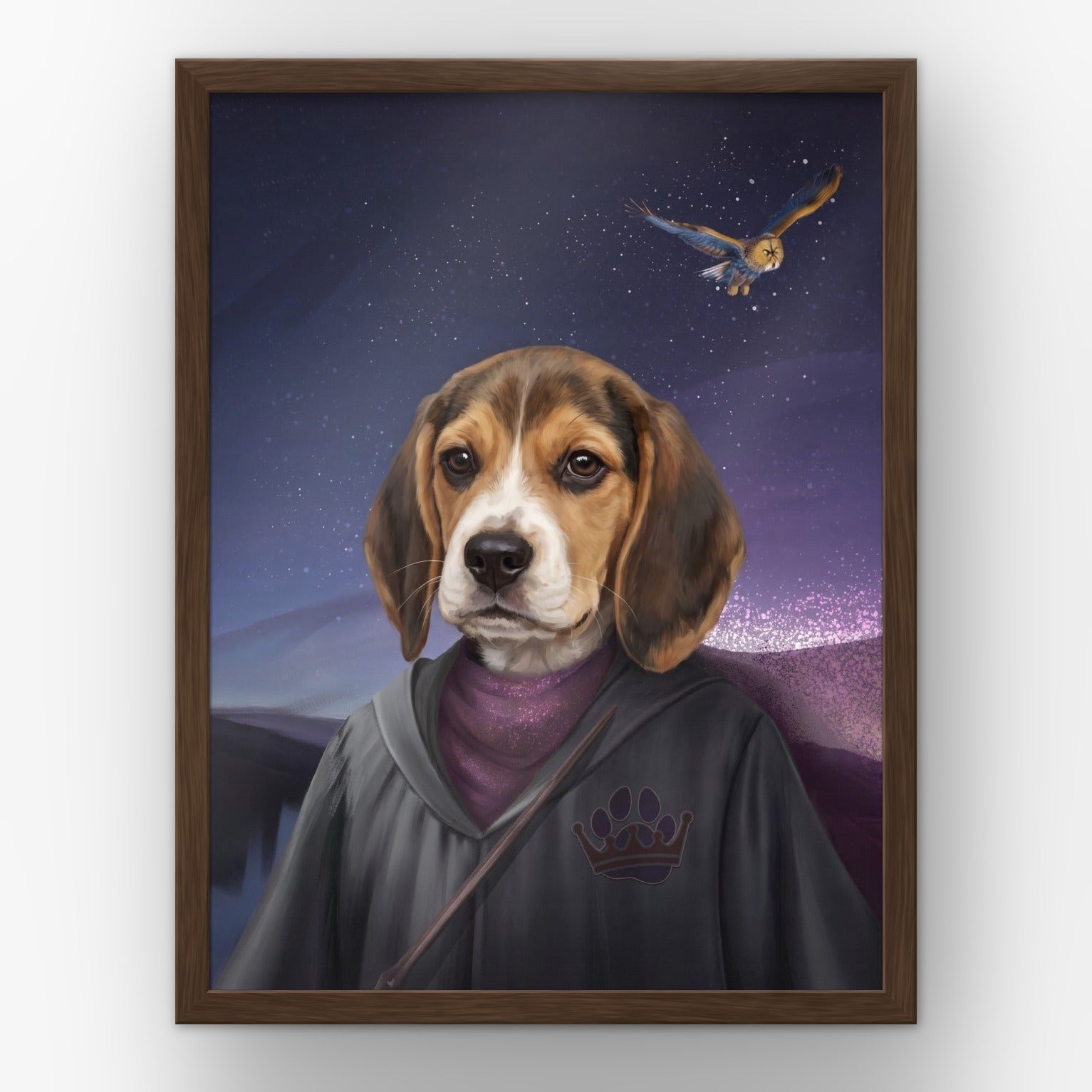The Wizard custom pet poster in a walnut frame