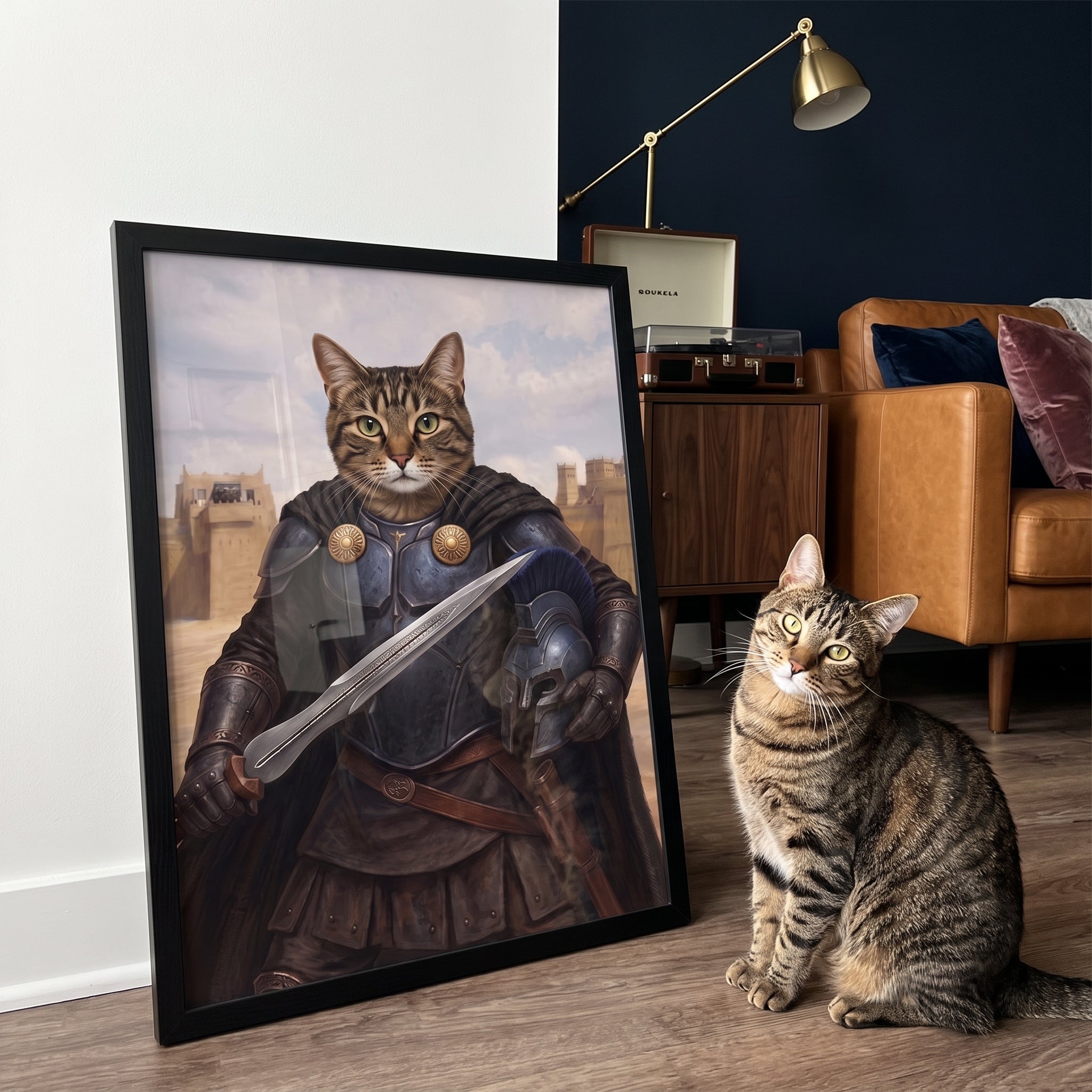 Brown tabby cat next to its Agamemnon custom pet poster
