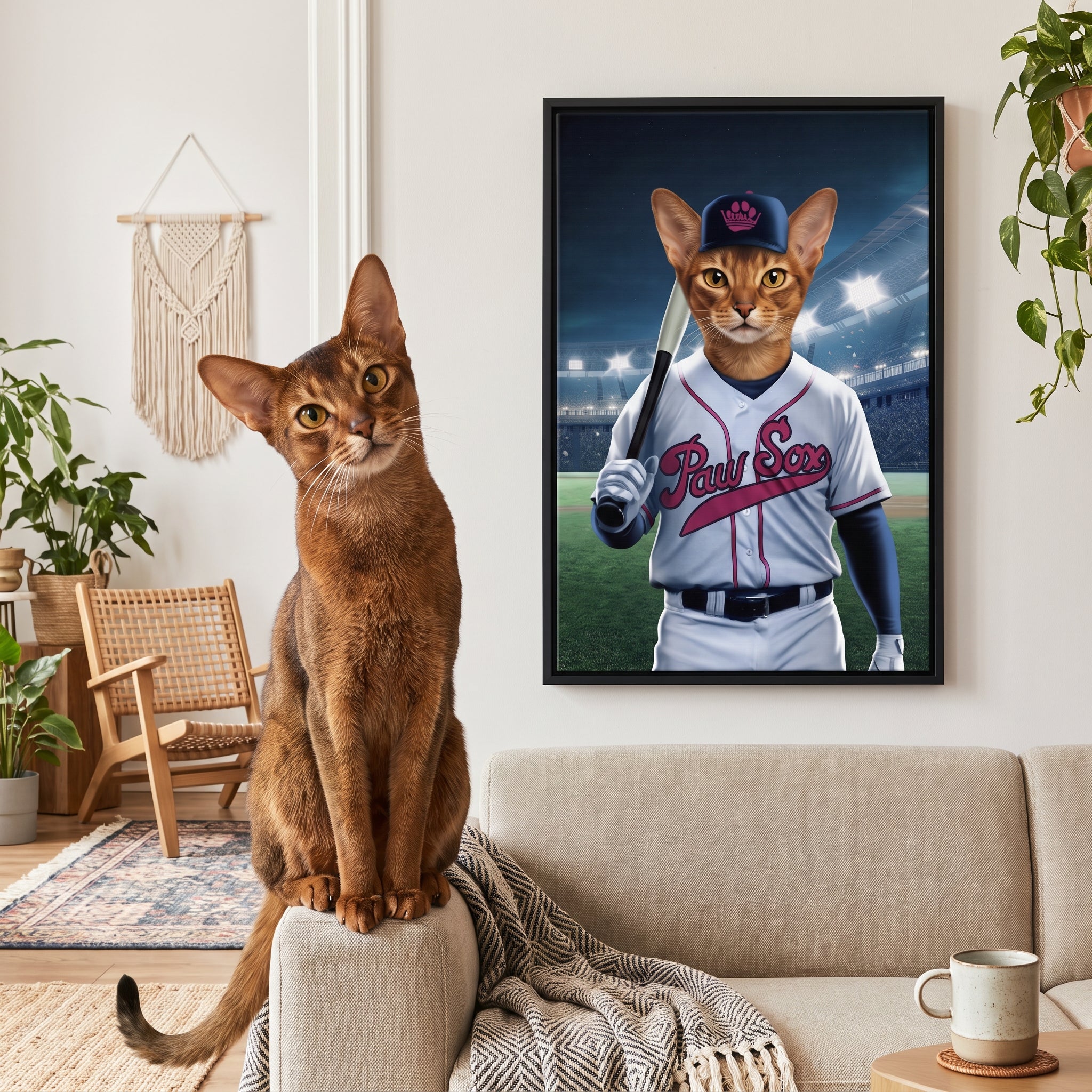 Ruddy abyssinian cat next to its Boston Paw Sox custom pet canvas