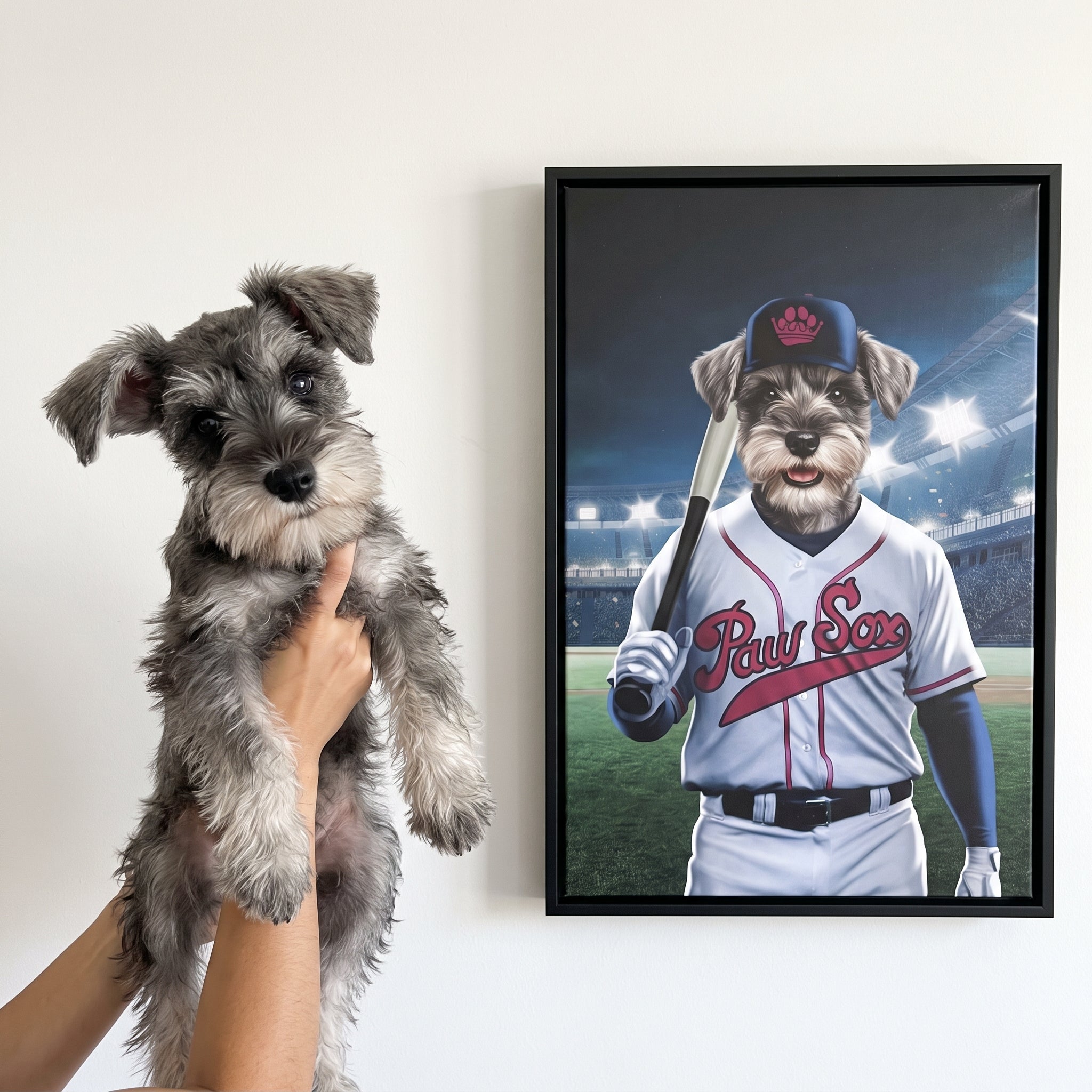 Miniature schnauzer next to its Boston Paw Sox custom pet canvas