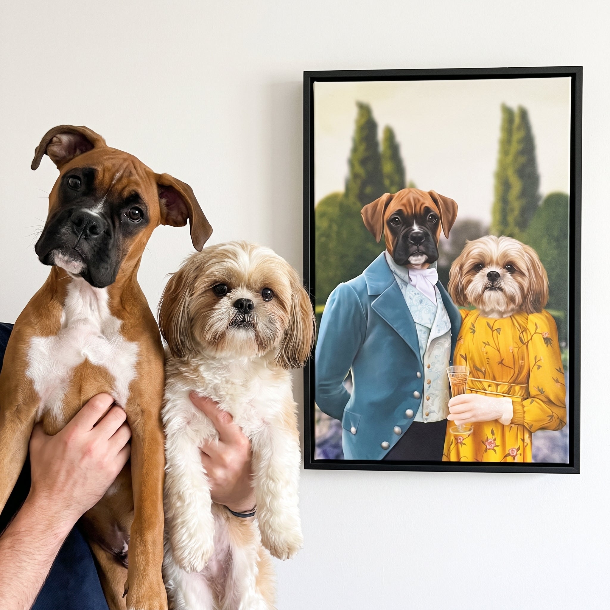 Boxer and shih tzu next to its Colin and Marina custom pet canvas