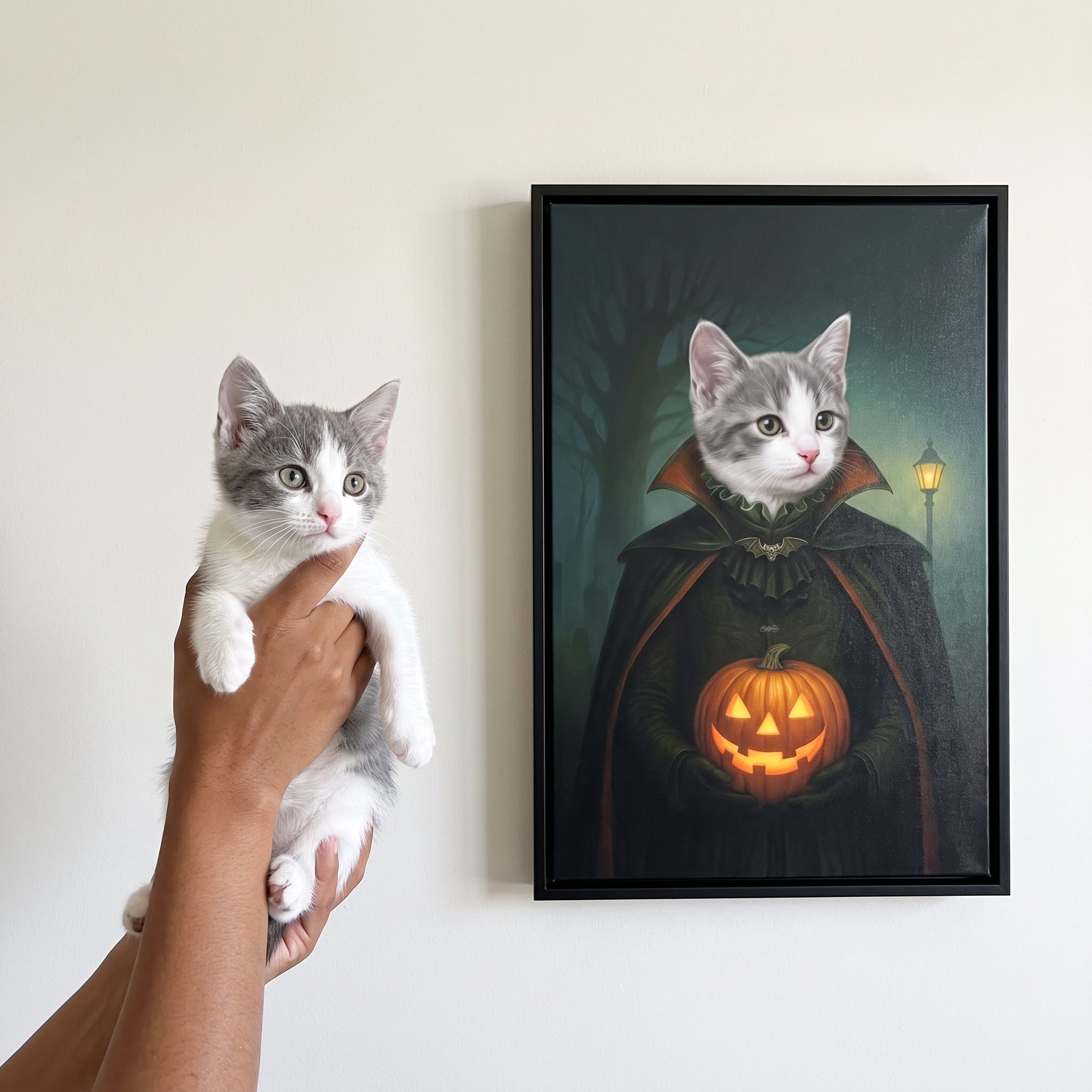 Grey and white cat next to its Count Barkula custom pet canvas