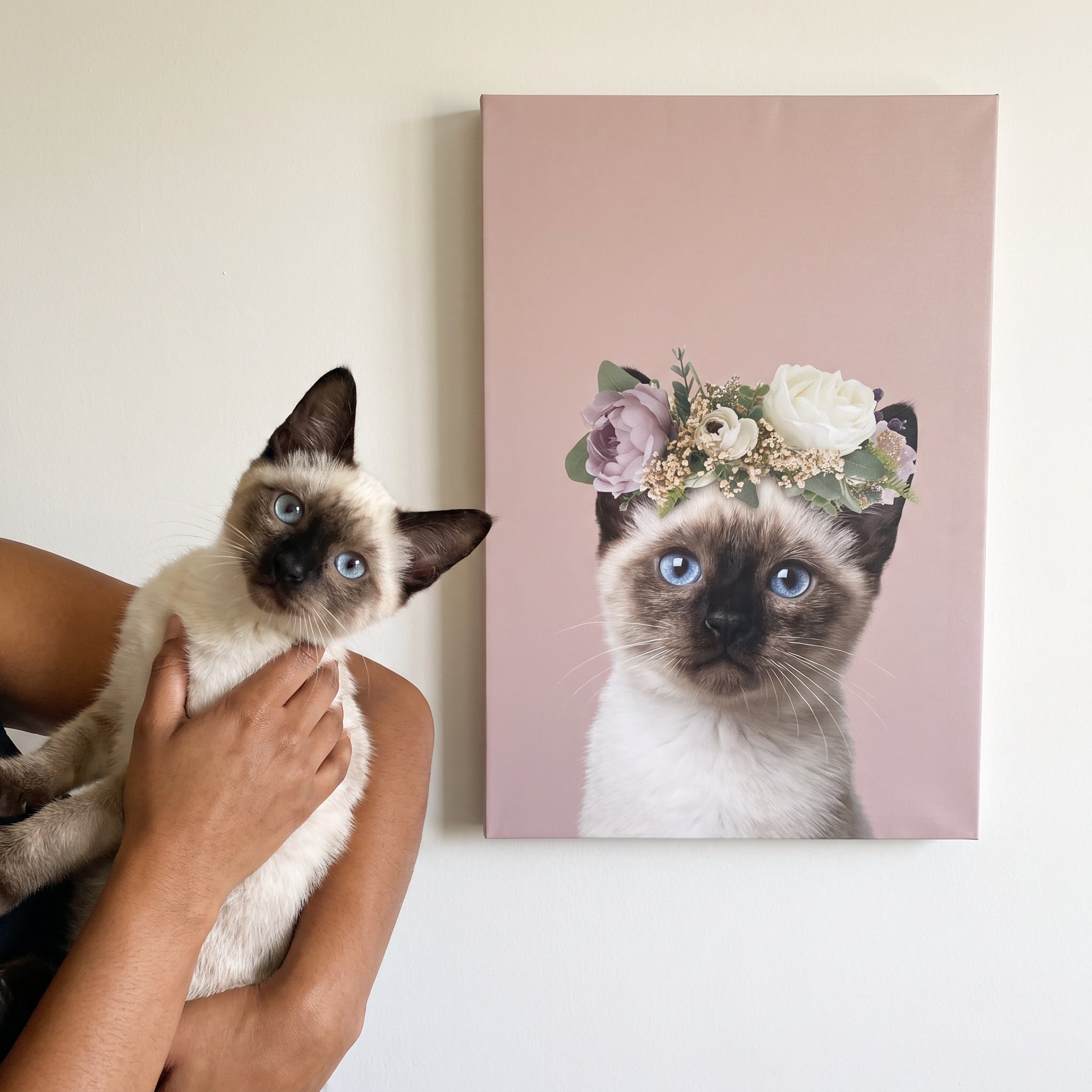 Siamese cat next to its Full Bloom Pet Portrait custom pet canvas