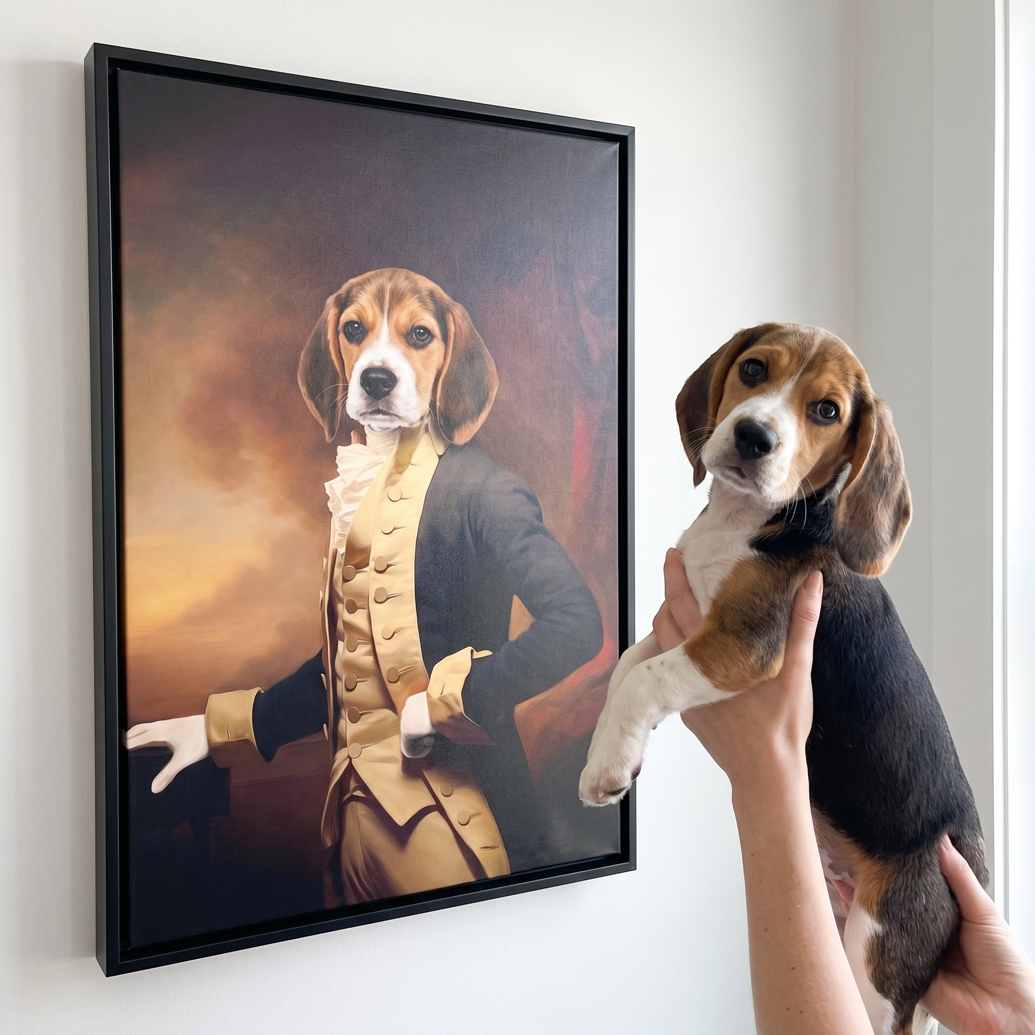 Beagle next to its Hamilton custom pet canvas