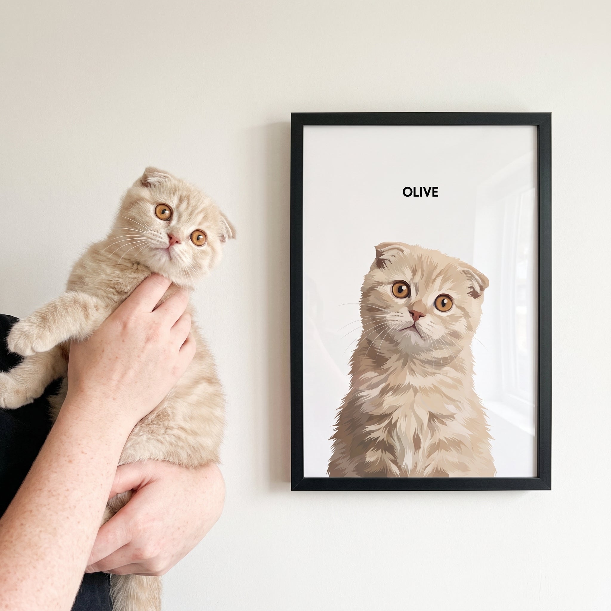 Fluffy maine coon cat next to its Modern Pet Portrait - One Pet