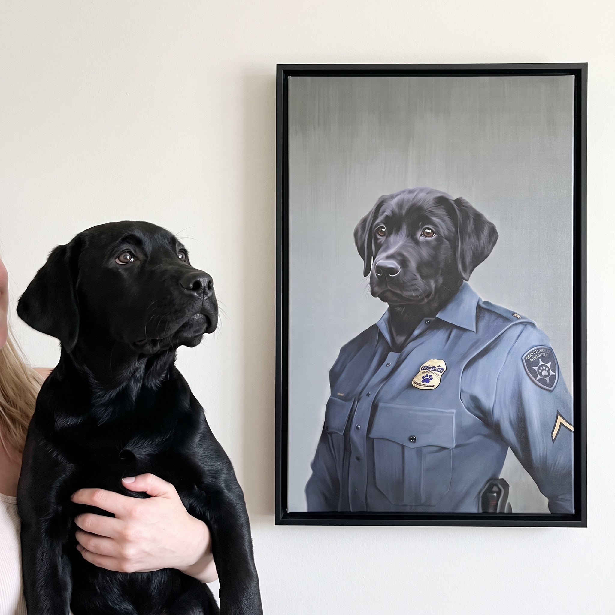 Black labrador next to its Police Officer (Female) custom pet canvas