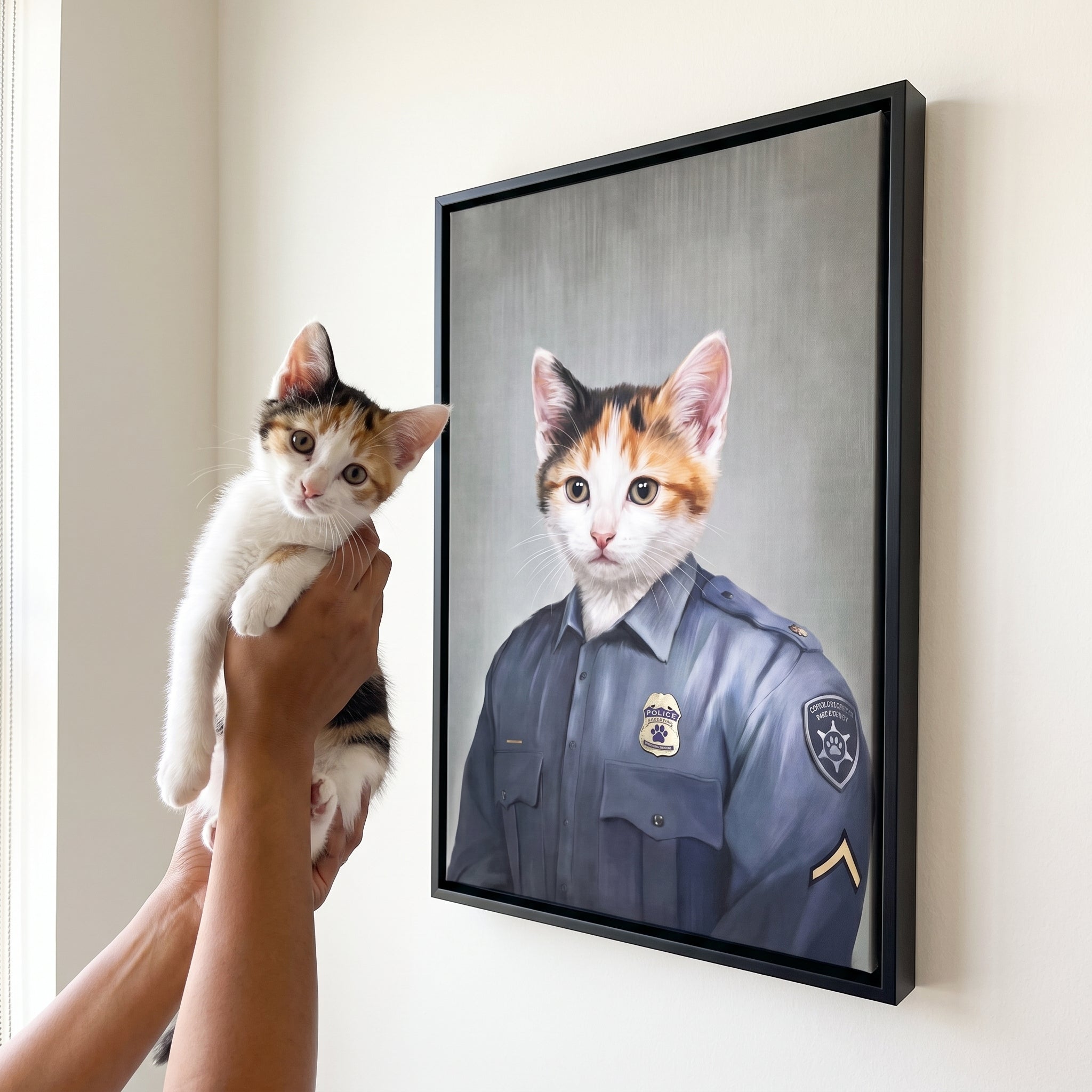 Calico cat next to its Police Officer (Male) custom pet canvas