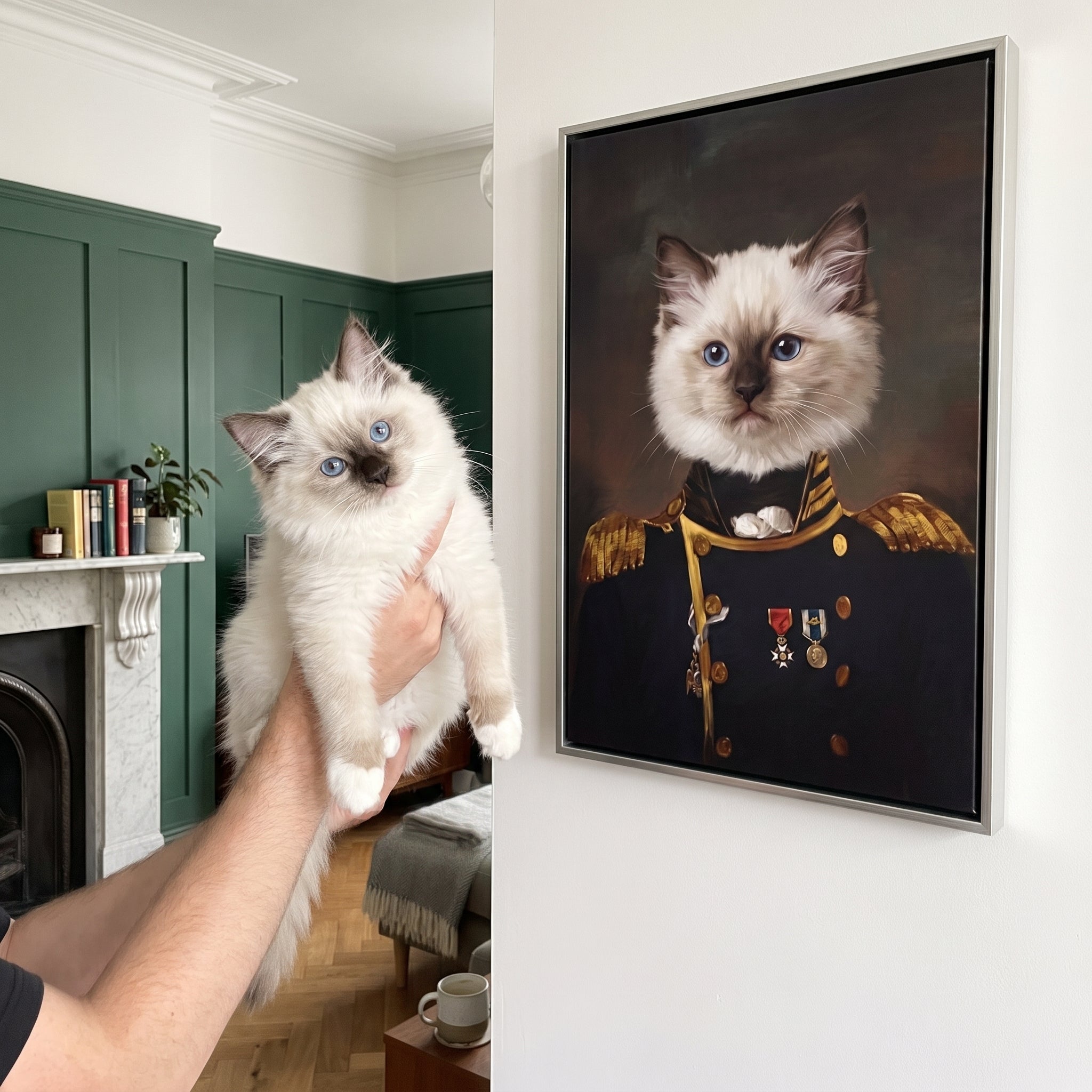 White ragdoll cat next to its The Admiral custom pet canvas