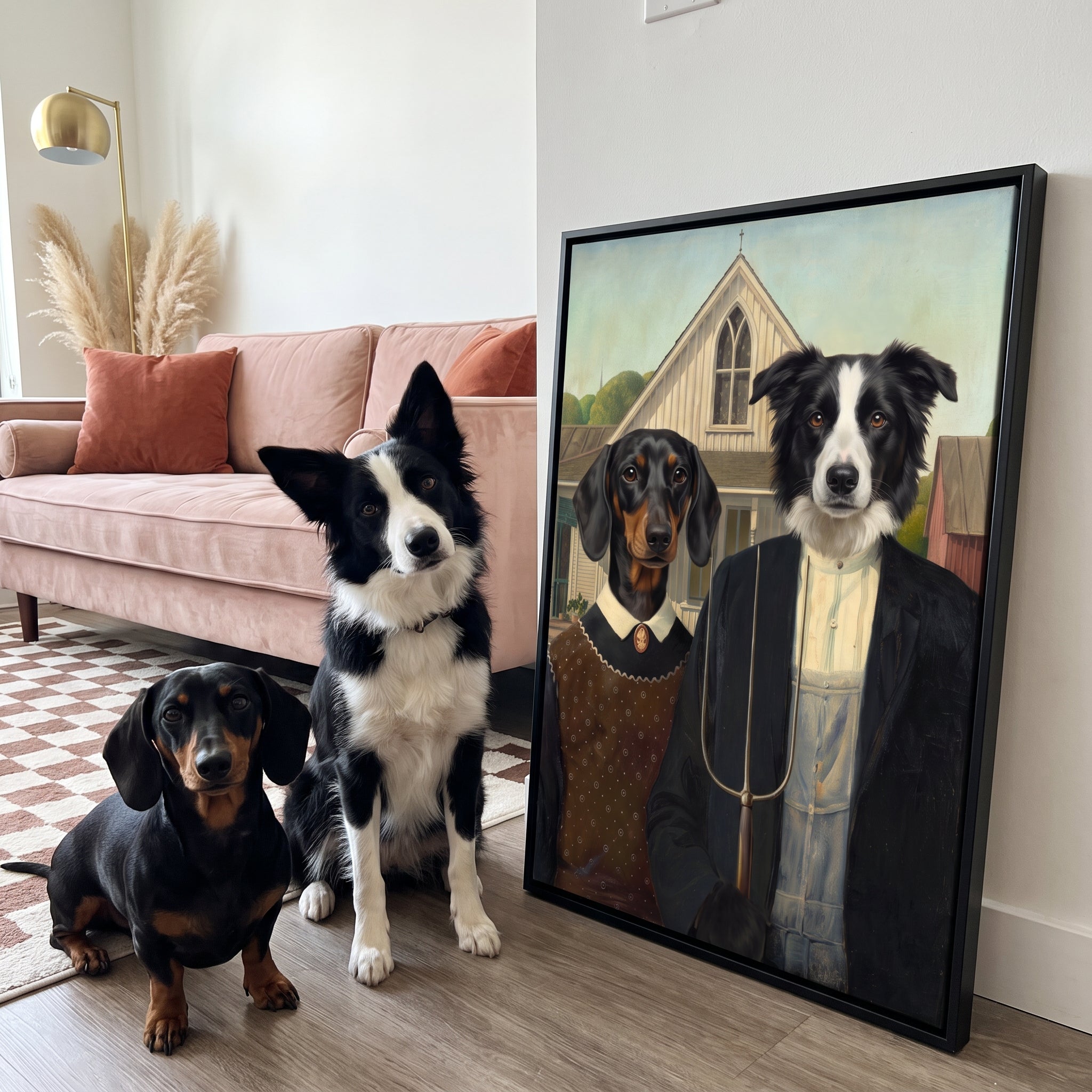 Miniature dachshund and border coll next to its The American Gothic custom pet canvas