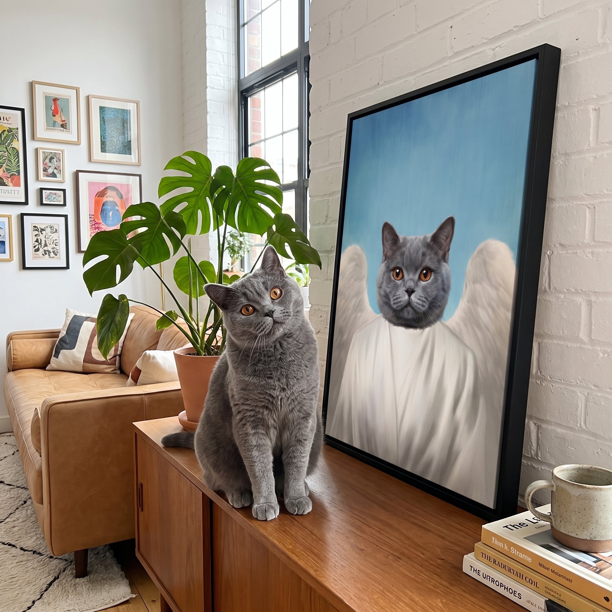 Grey british shorthair cat next to its The Angel custom pet canvas