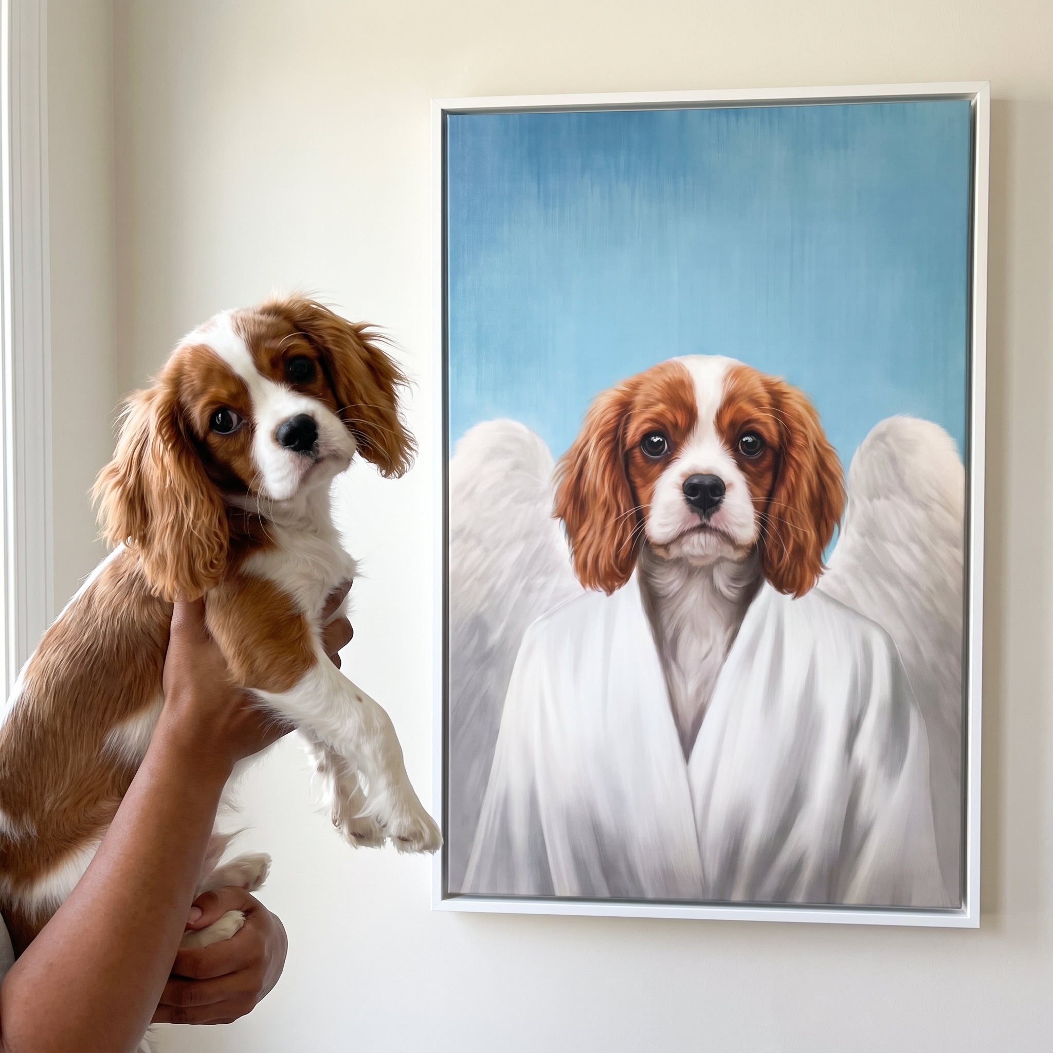 Cavalier king charles spaniel next to its The Angel custom pet canvas