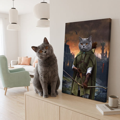Grey british shorthair cat next to its The Archer custom pet canvas
