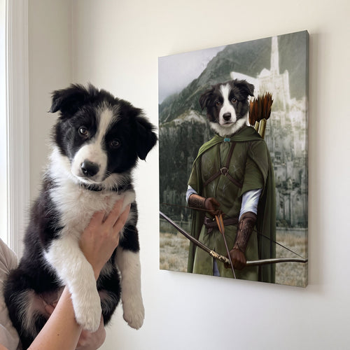 Border collie next to its The Archer custom pet canvas
