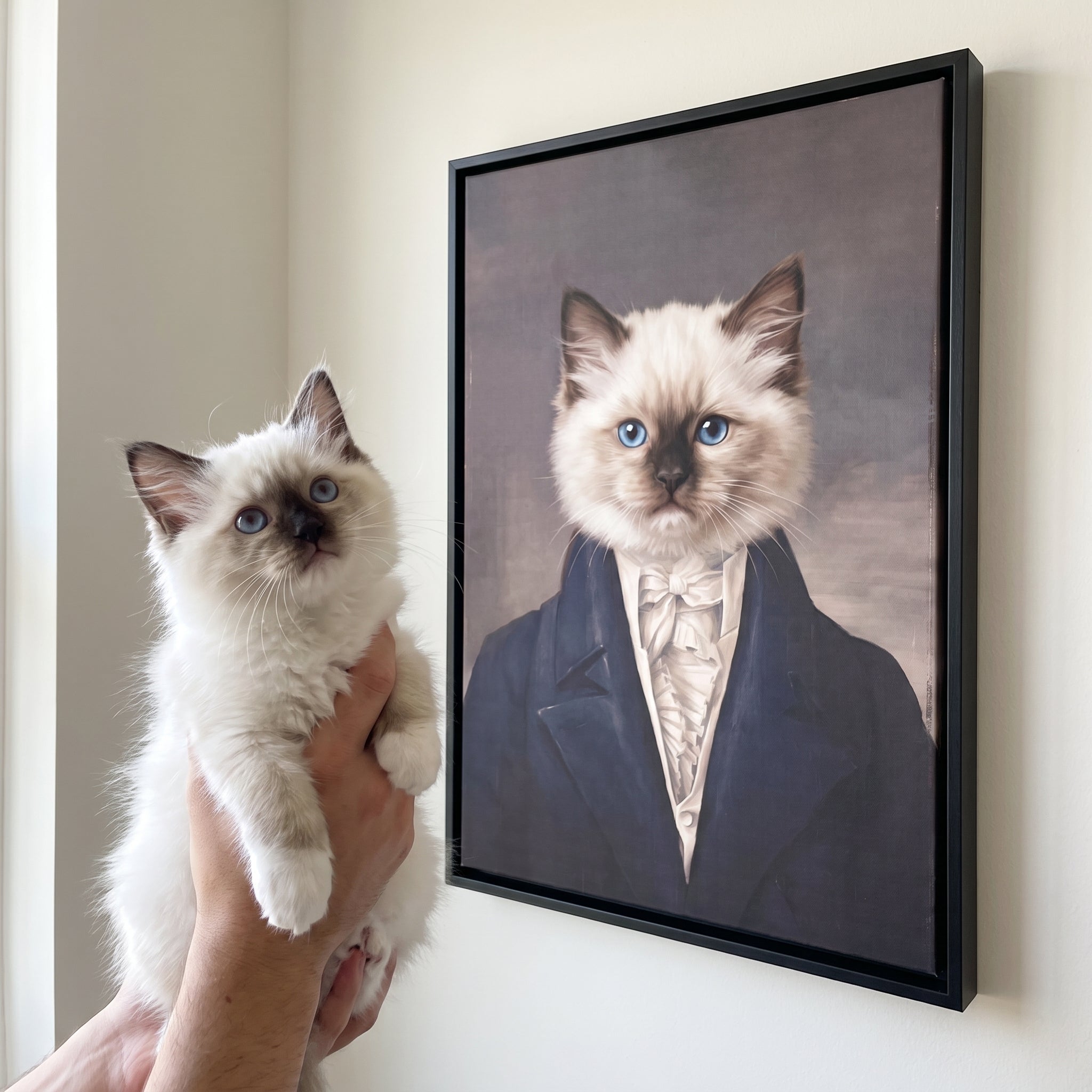 White ragdoll cat next to its The Aristocrat custom pet canvas