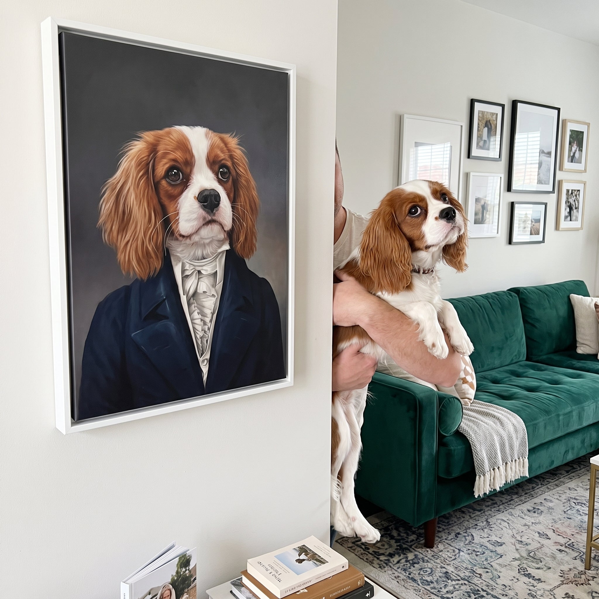 Cavalier king charles spaniel next to its The Aristocrat custom pet canvas