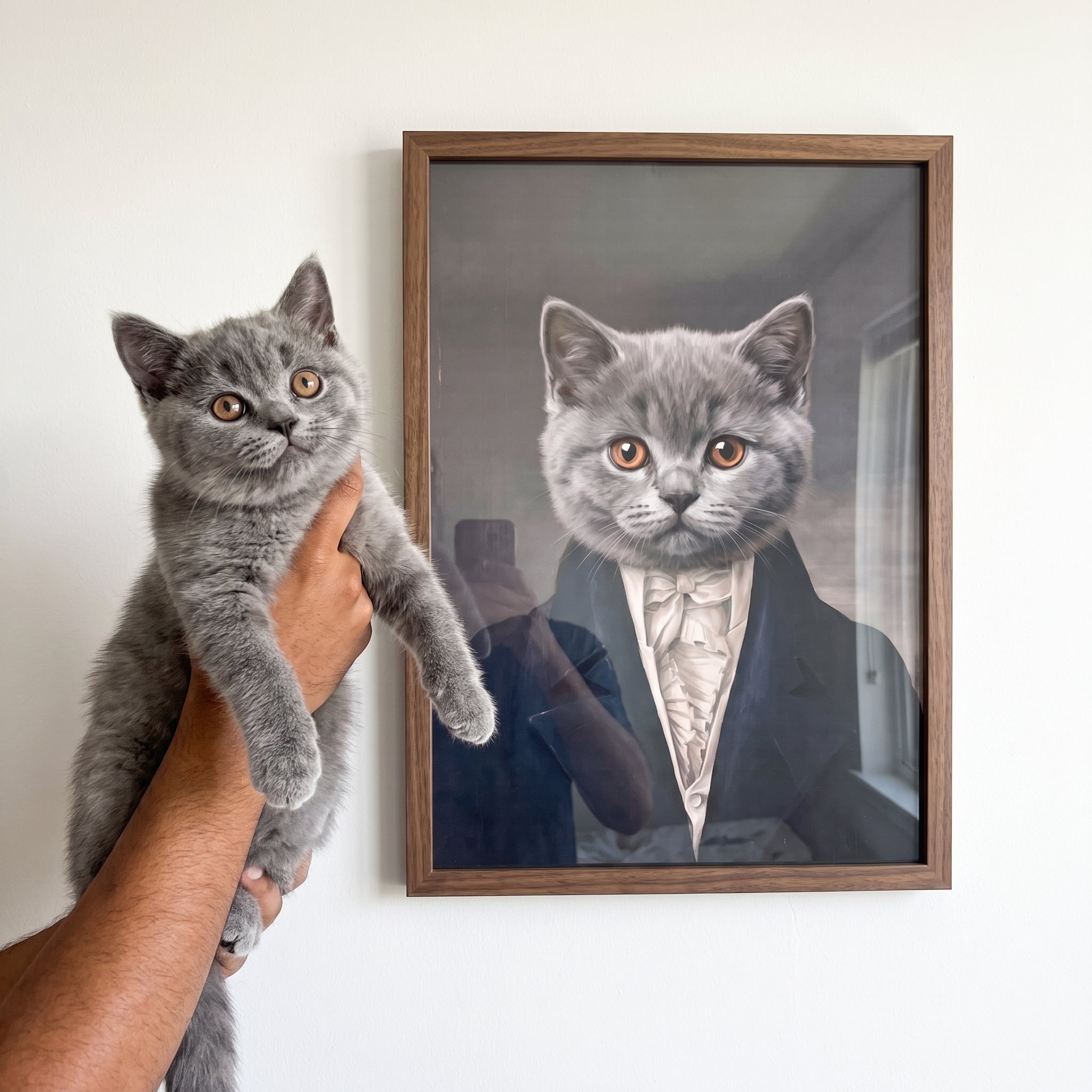 Grey british shorthair cat next to its The Aristocrat custom pet poster