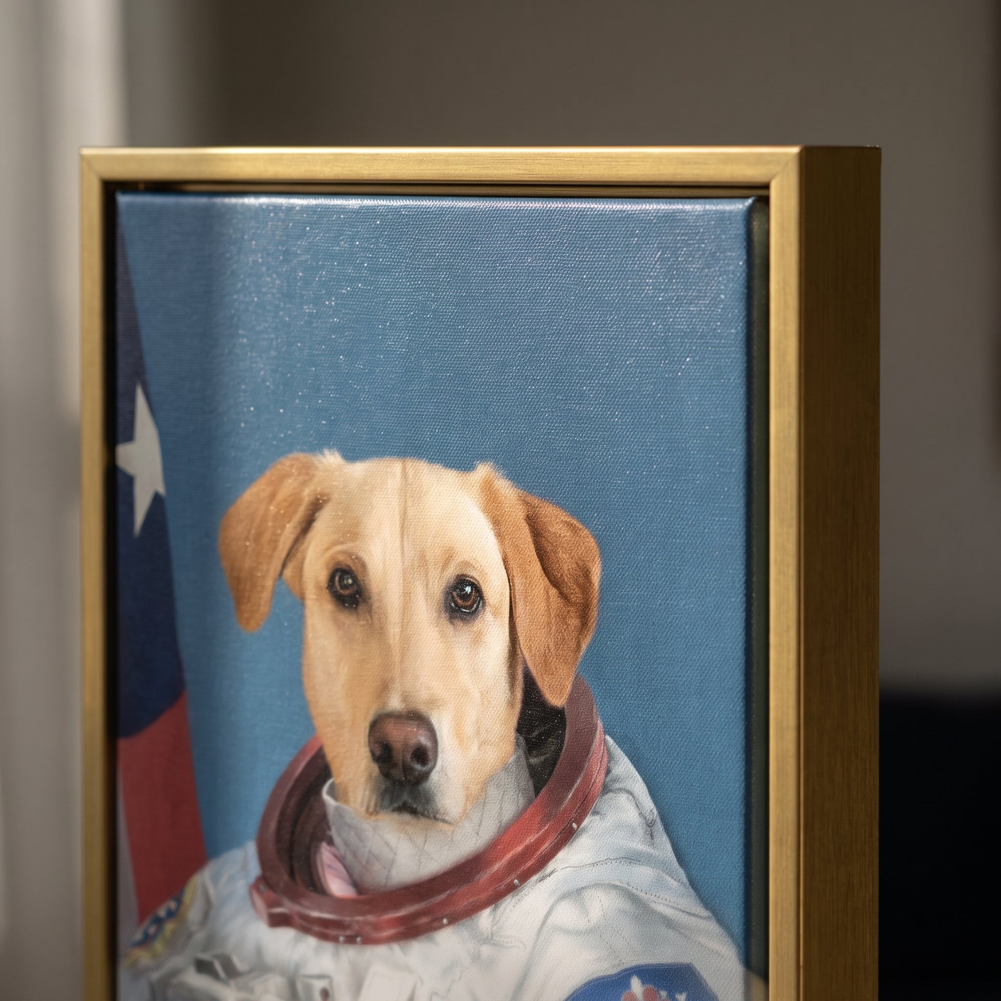 Close-up details of The Astronaut custom pet canvas