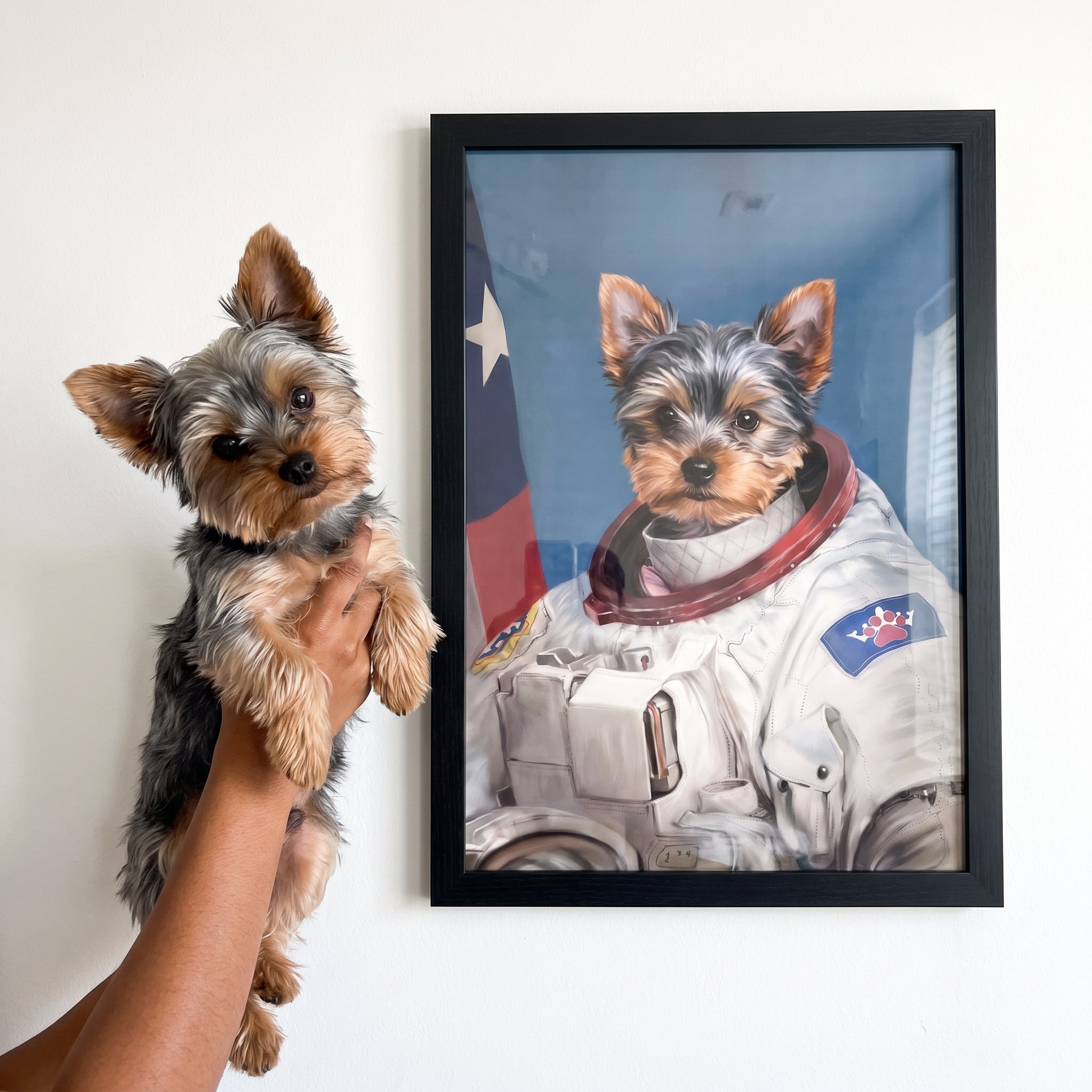 Yorkshire terrier next to its The Astronaut custom pet poster