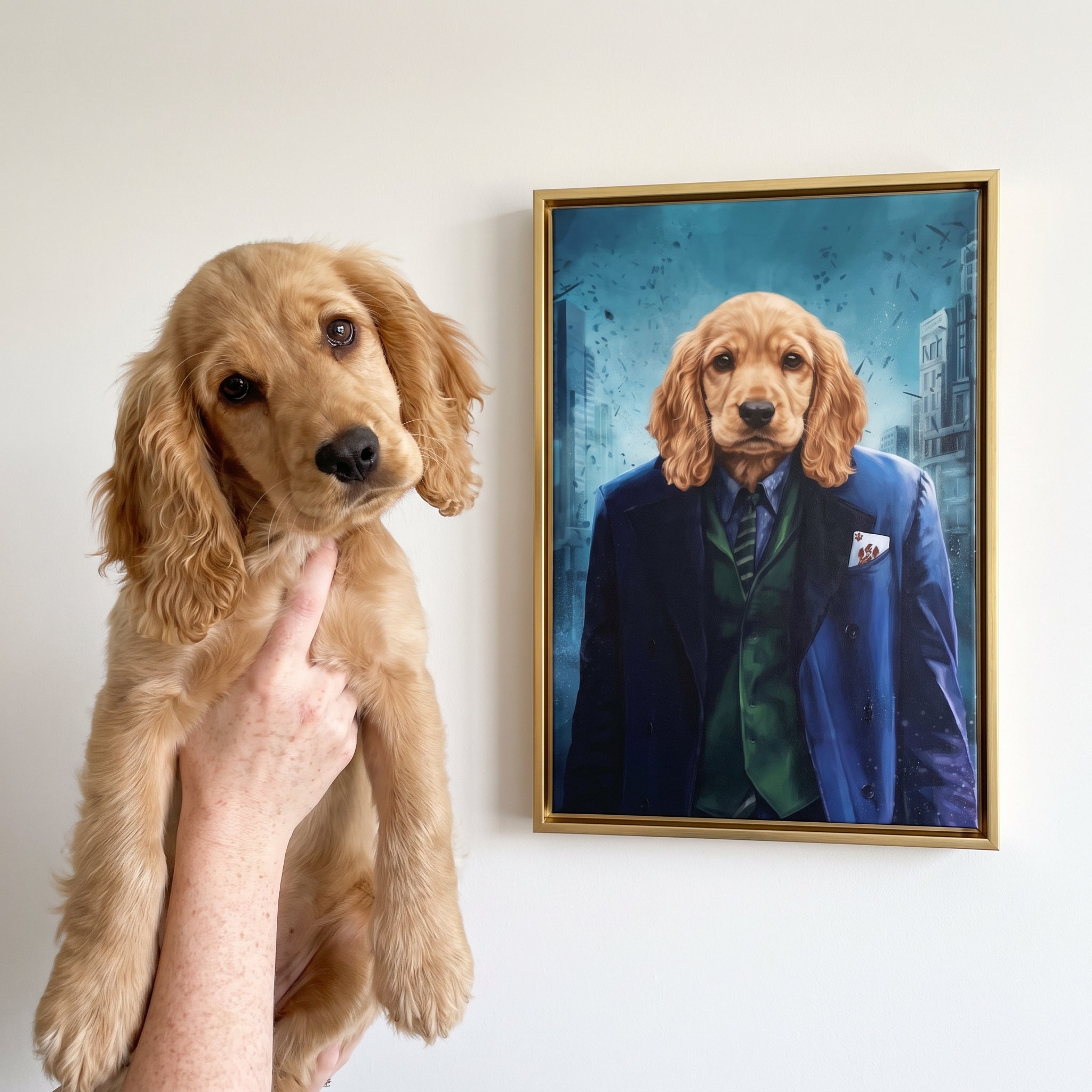 Cocker spaniel next to its The Bad Guy custom pet canvas