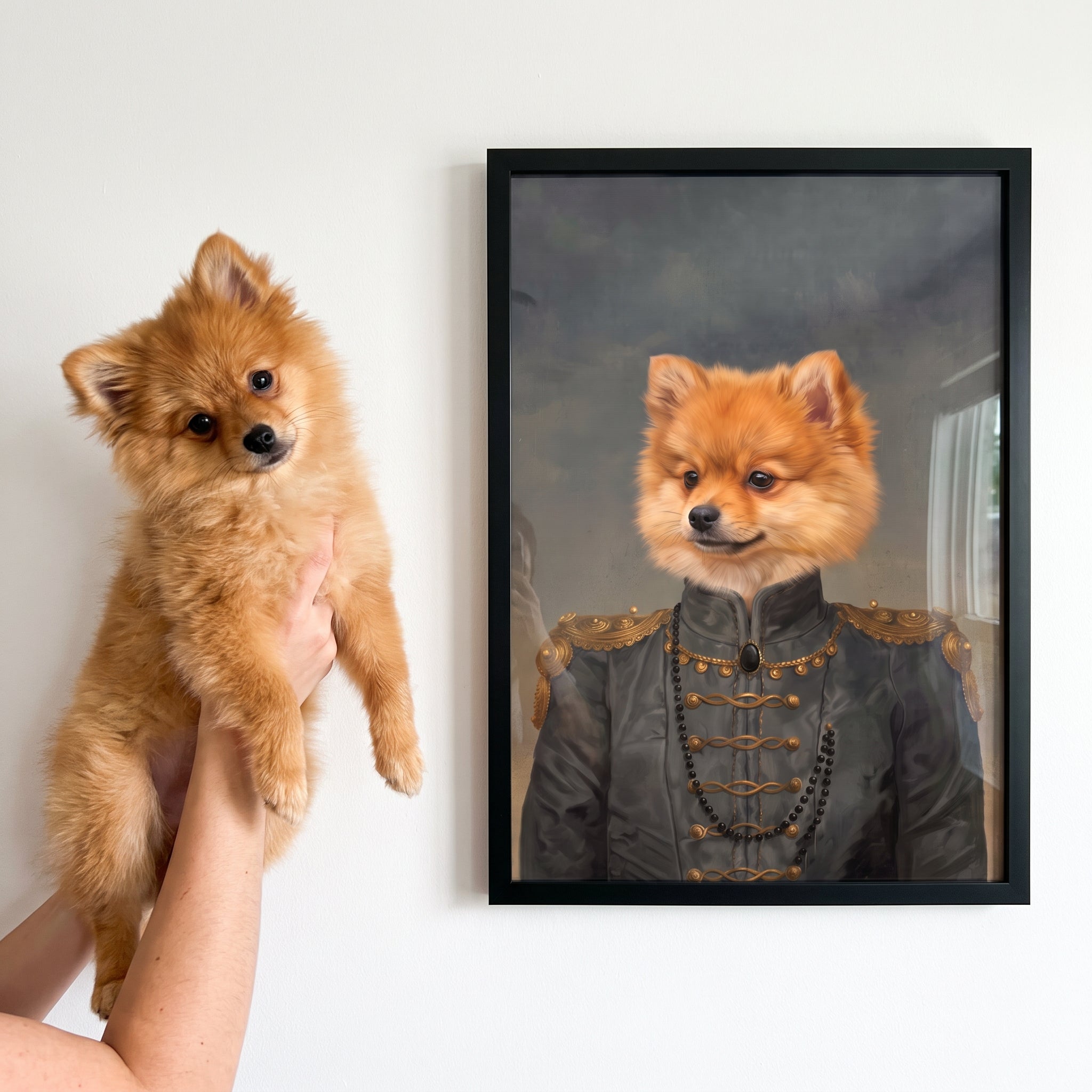 Pomeranian next to its The Baroness custom pet poster
