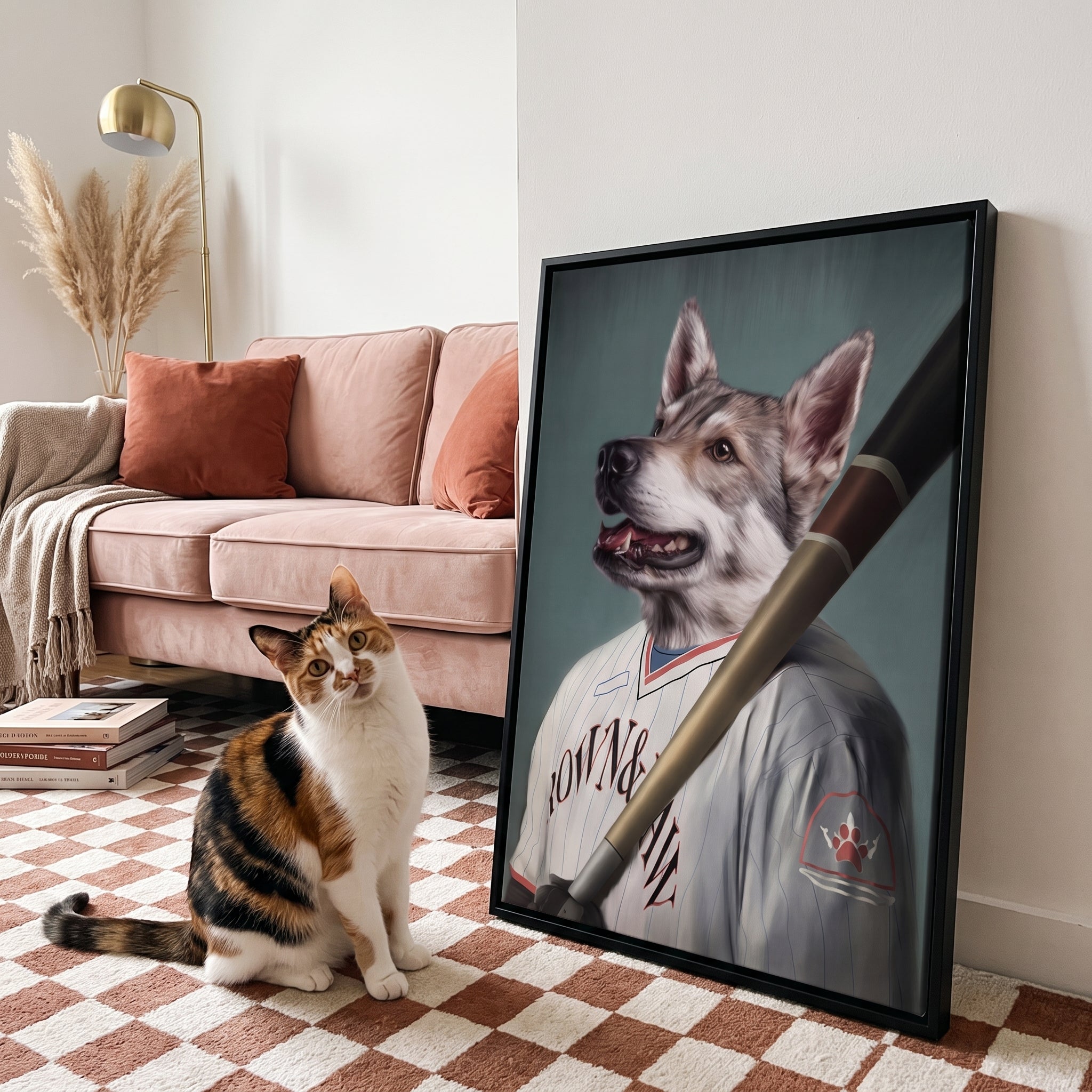 Calico cat next to its The Baseball Player custom pet canvas