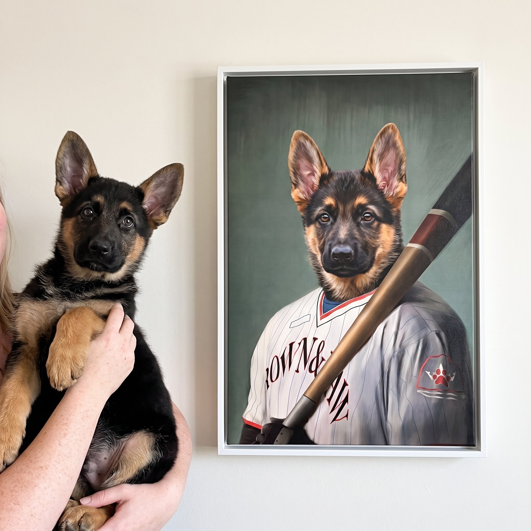 German shepherd next to its The Baseball Player custom pet canvas