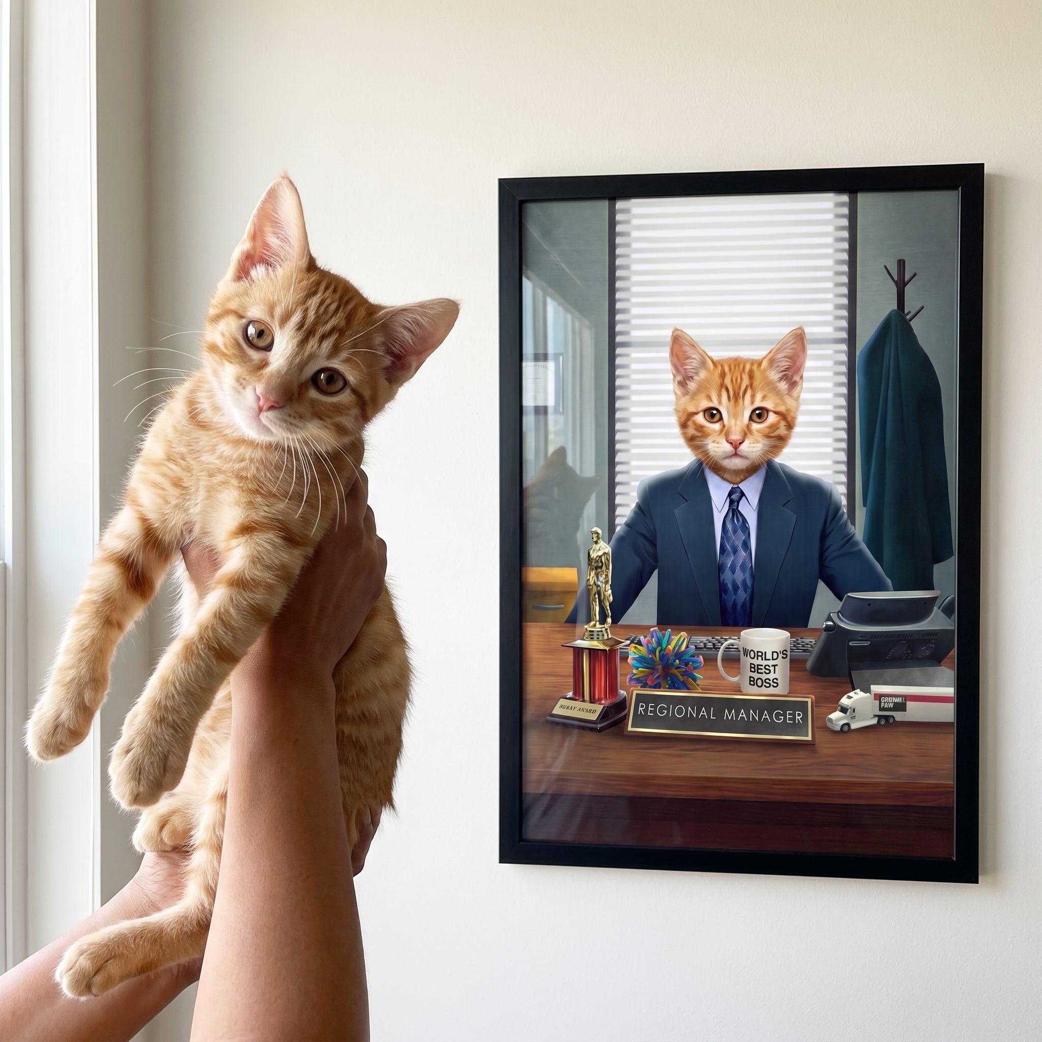 Ginger tabby cat next to its The Best Boss custom pet poster