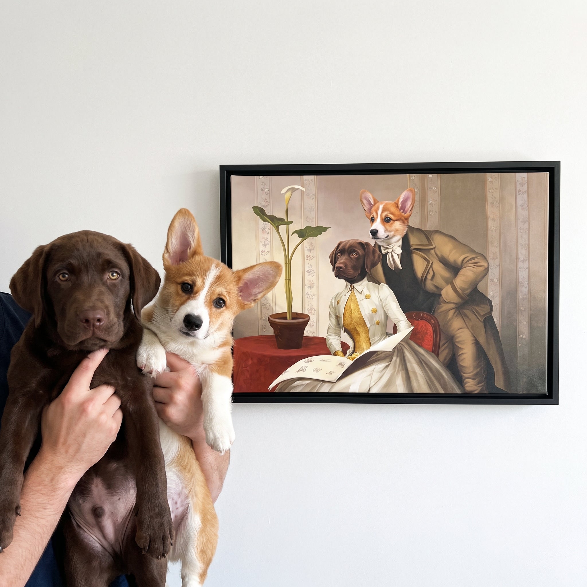 Chocolate labrador and pembroke welsh cor next to its The Betrothed custom pet canvas