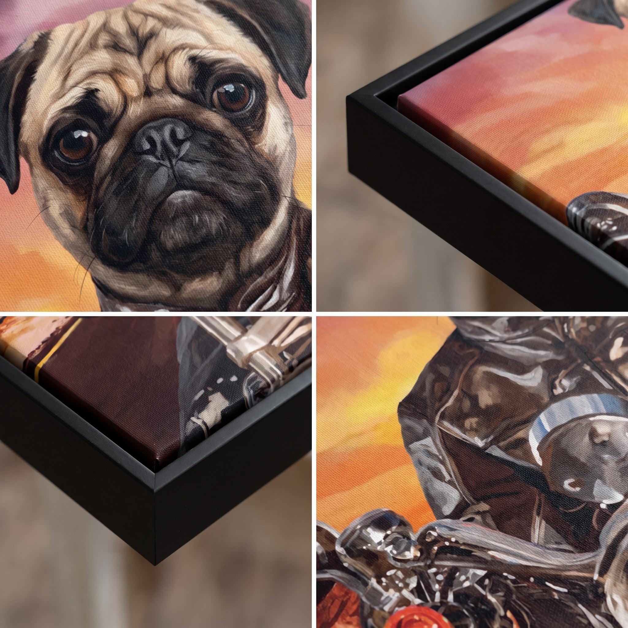 Close-up details of The Biker custom pet canvas