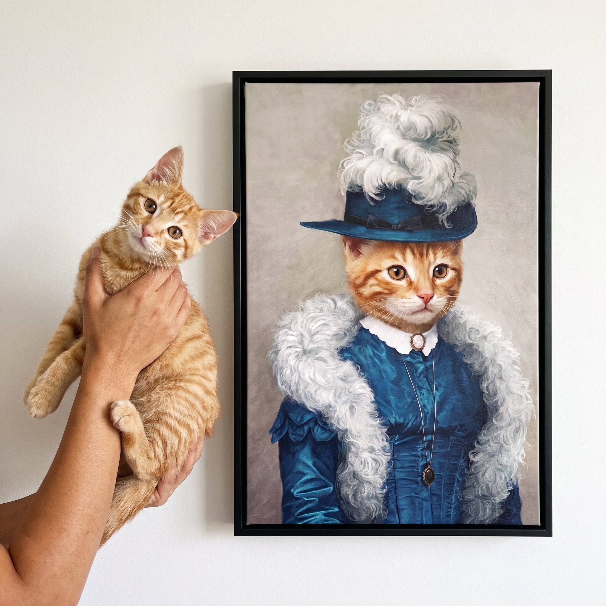 Ginger tabby cat next to its The Boa Lady custom pet canvas
