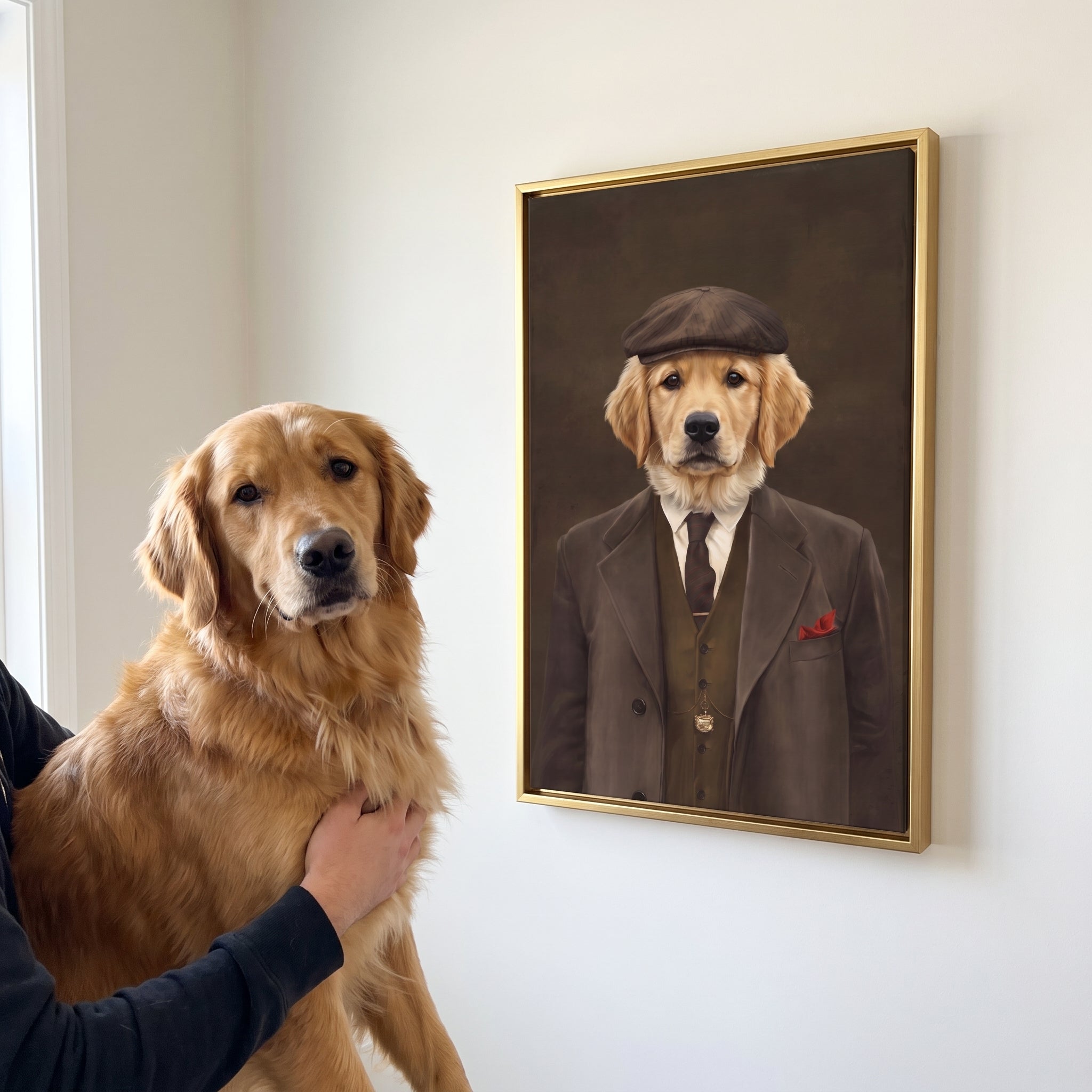 Golden retriever next to its The British Gangster custom pet canvas
