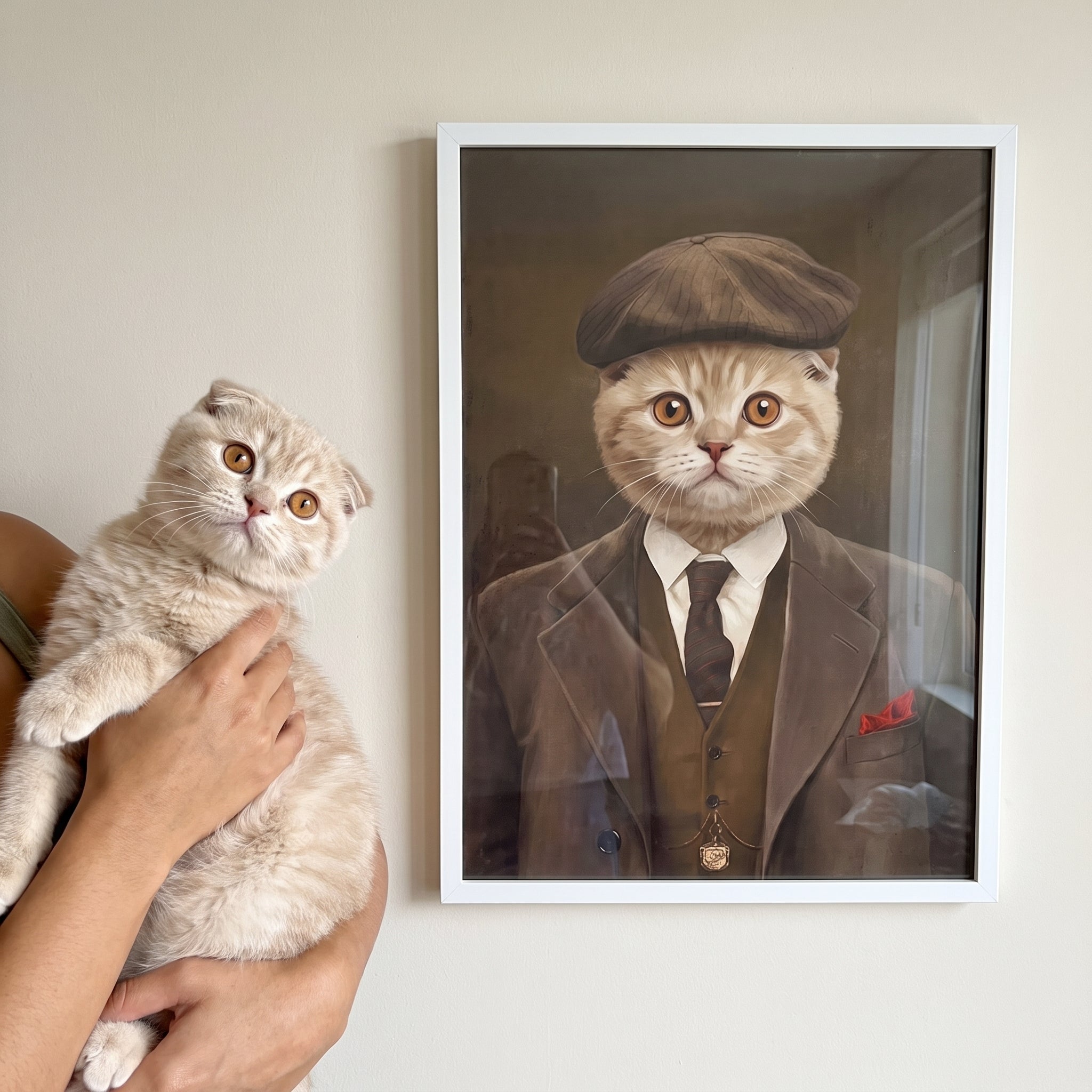 Scottish fold cat next to its The British Gangster custom pet poster