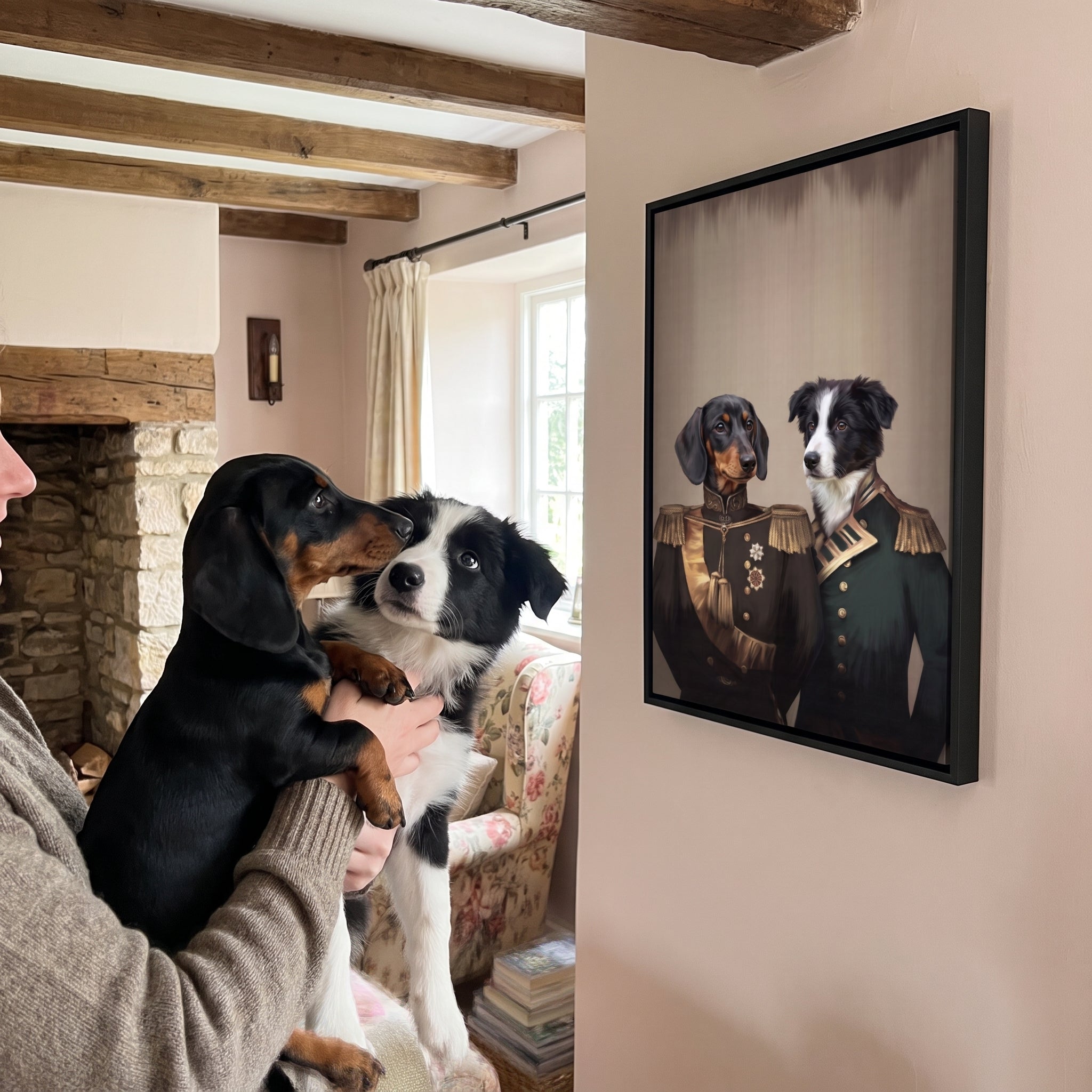 Miniature dachshund and border col next to its The Brothers In Arms custom pet canvas